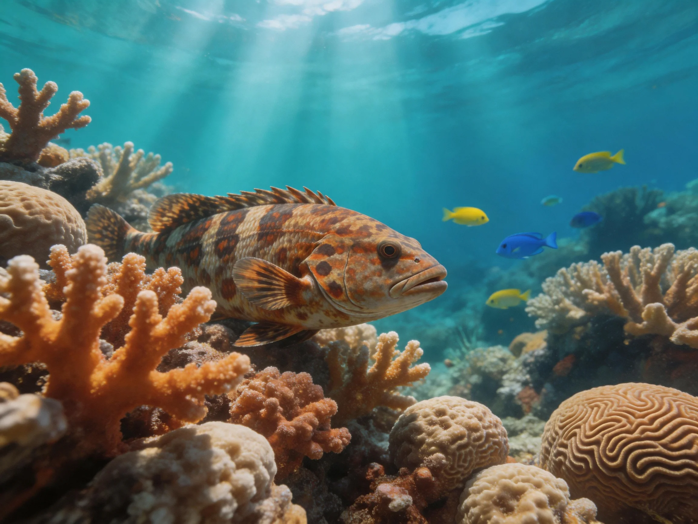 A vibrant coral reef with a large spotted fish and colorful tropical fish