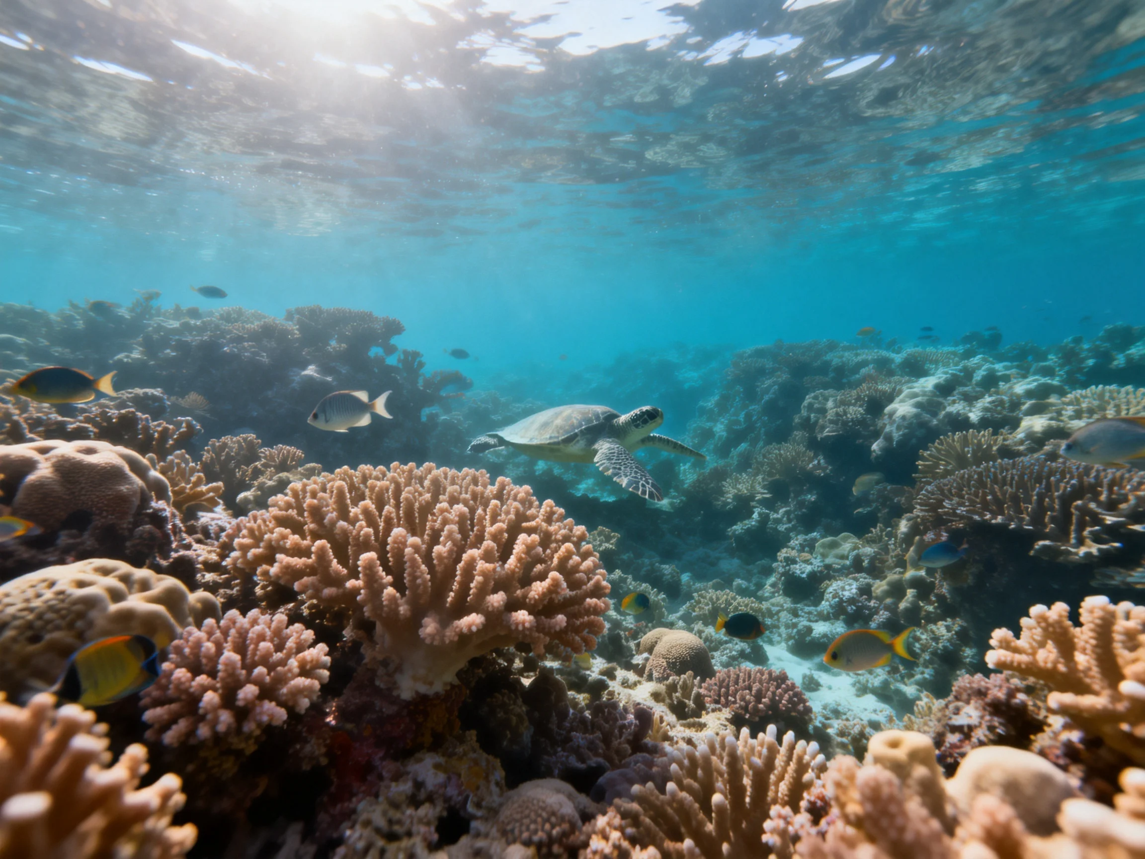 A vibrant coral reef with a sea turtle and colorful fish