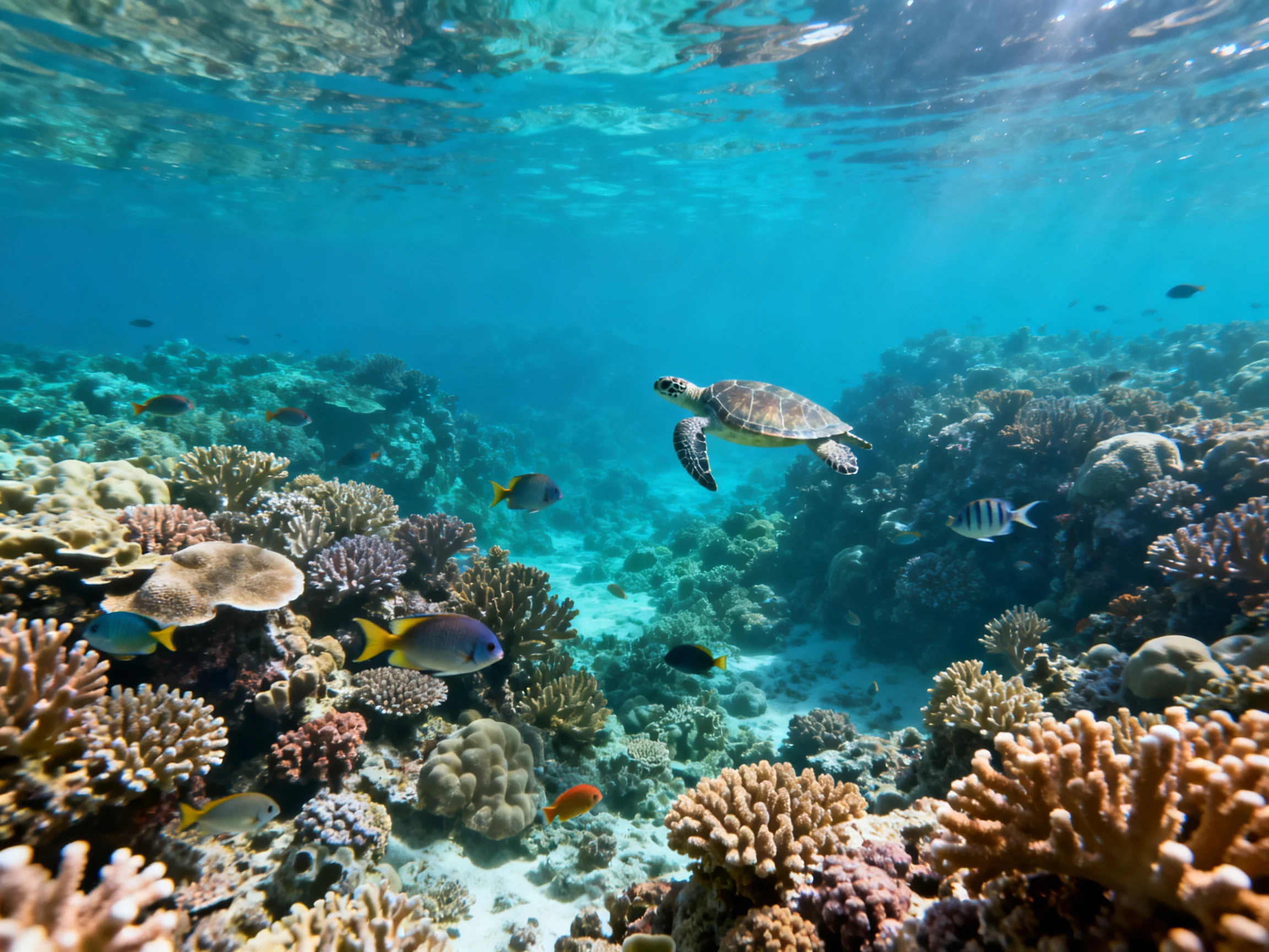 A vibrant coral reef with a sea turtle and diverse tropical fish
