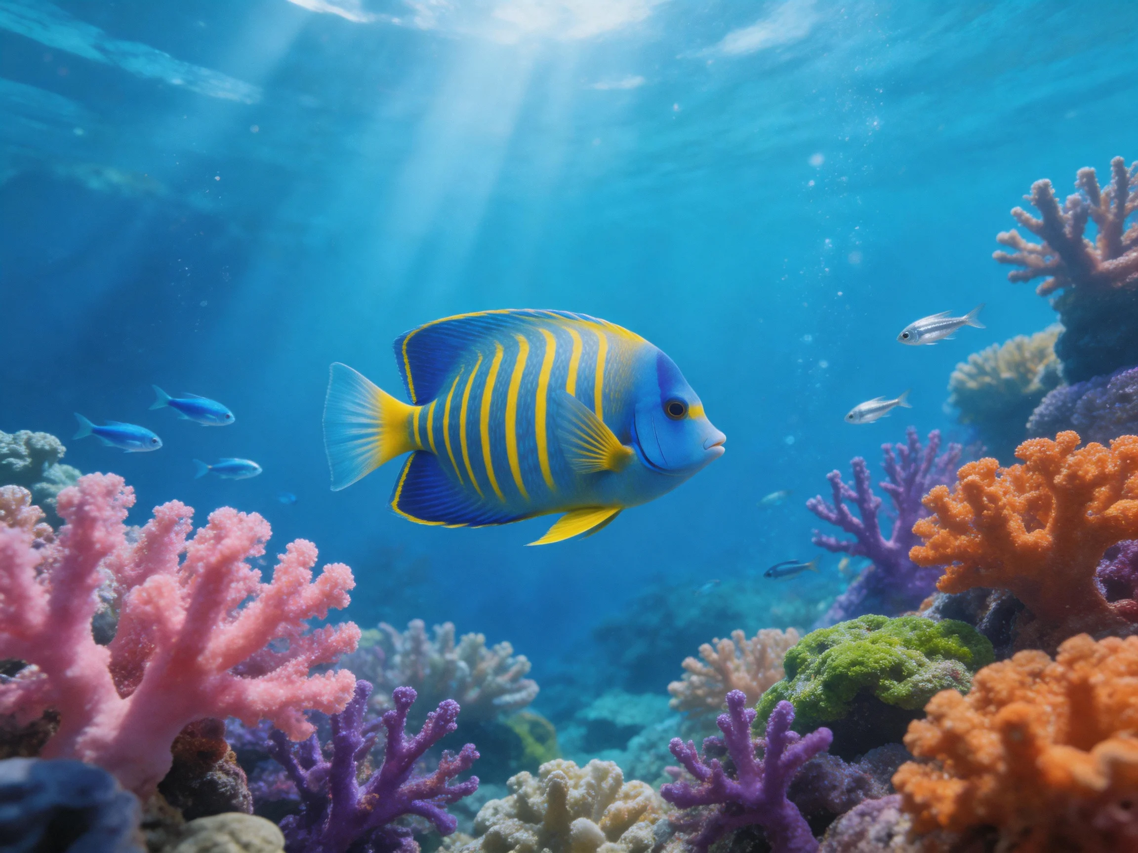 A vibrant coral reef with blue-and-yellow striped fish swimming among colorful corals
