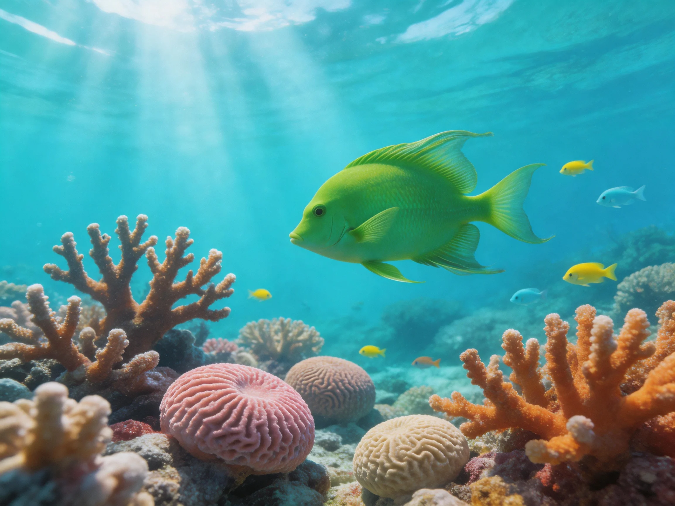 Colorful fish swim among diverse corals in a bright, sunlit underwater ecosystem.