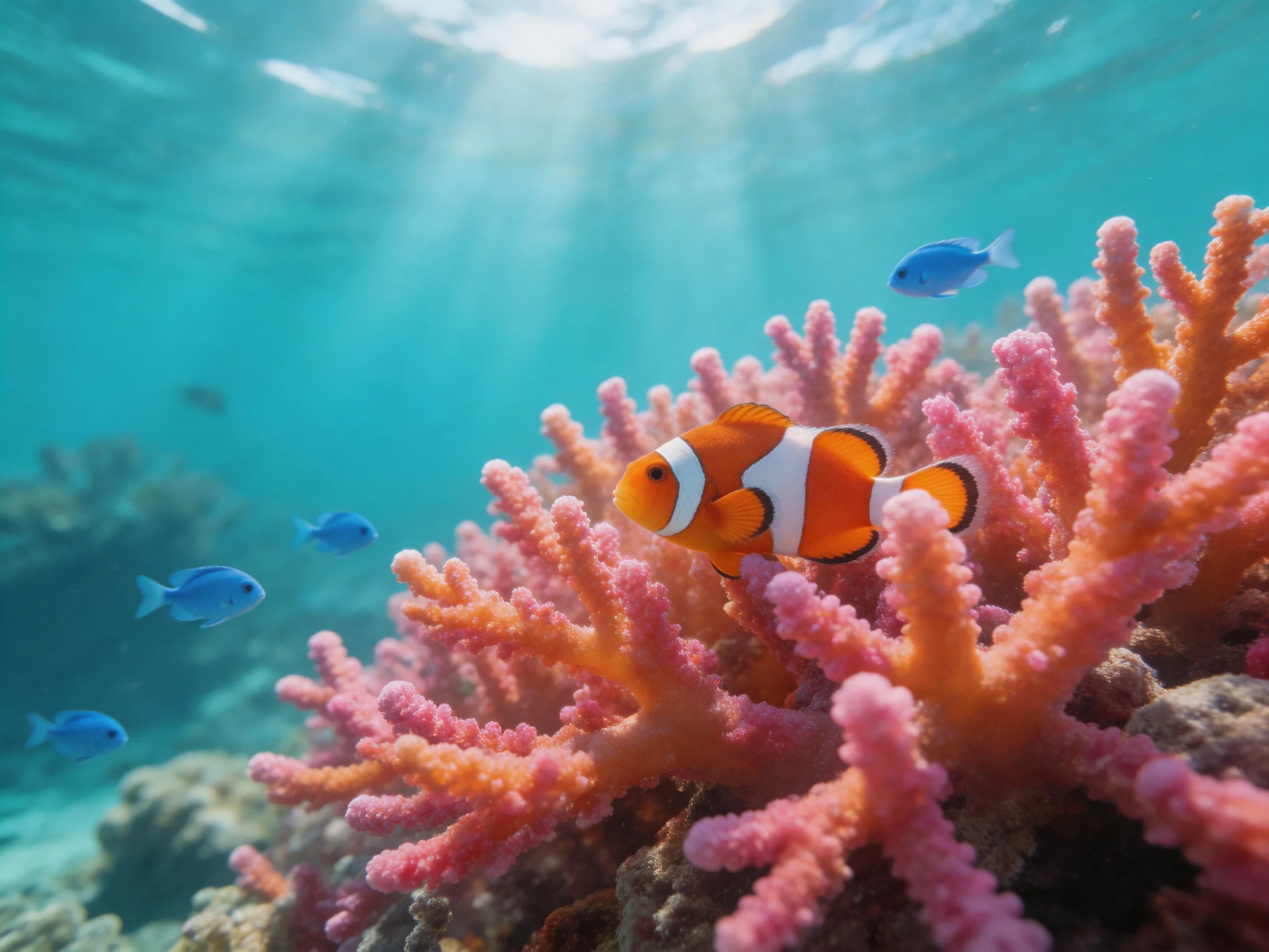 A vibrant coral reef with orange clownfish and blue fish