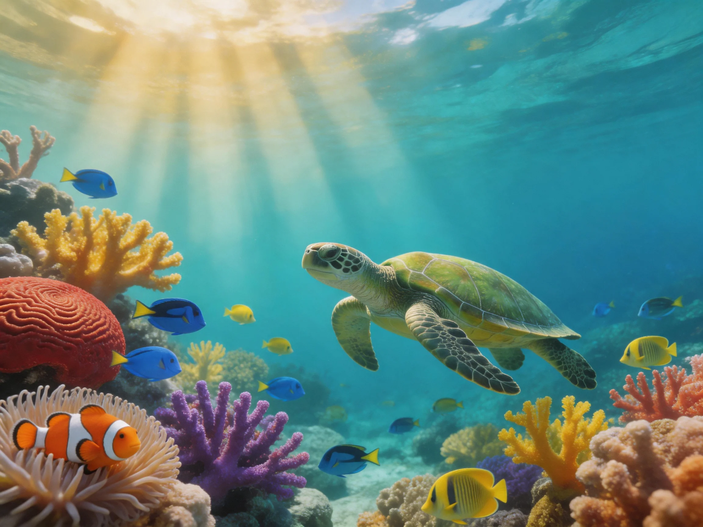 A vibrant coral reef with sea turtle and colorful tropical fish