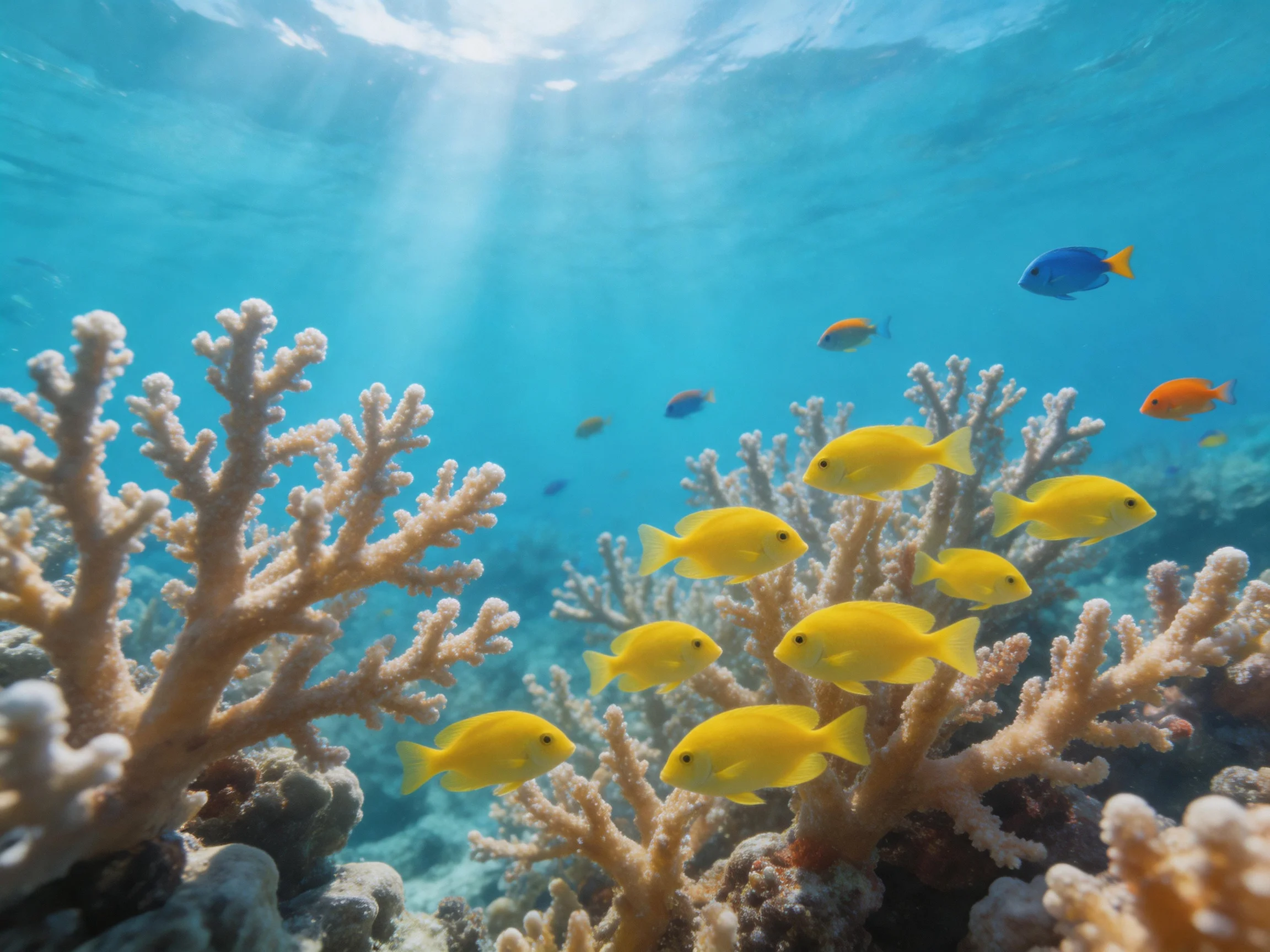 A vibrant coral reef with yellow tropical fish and blue fish swimming