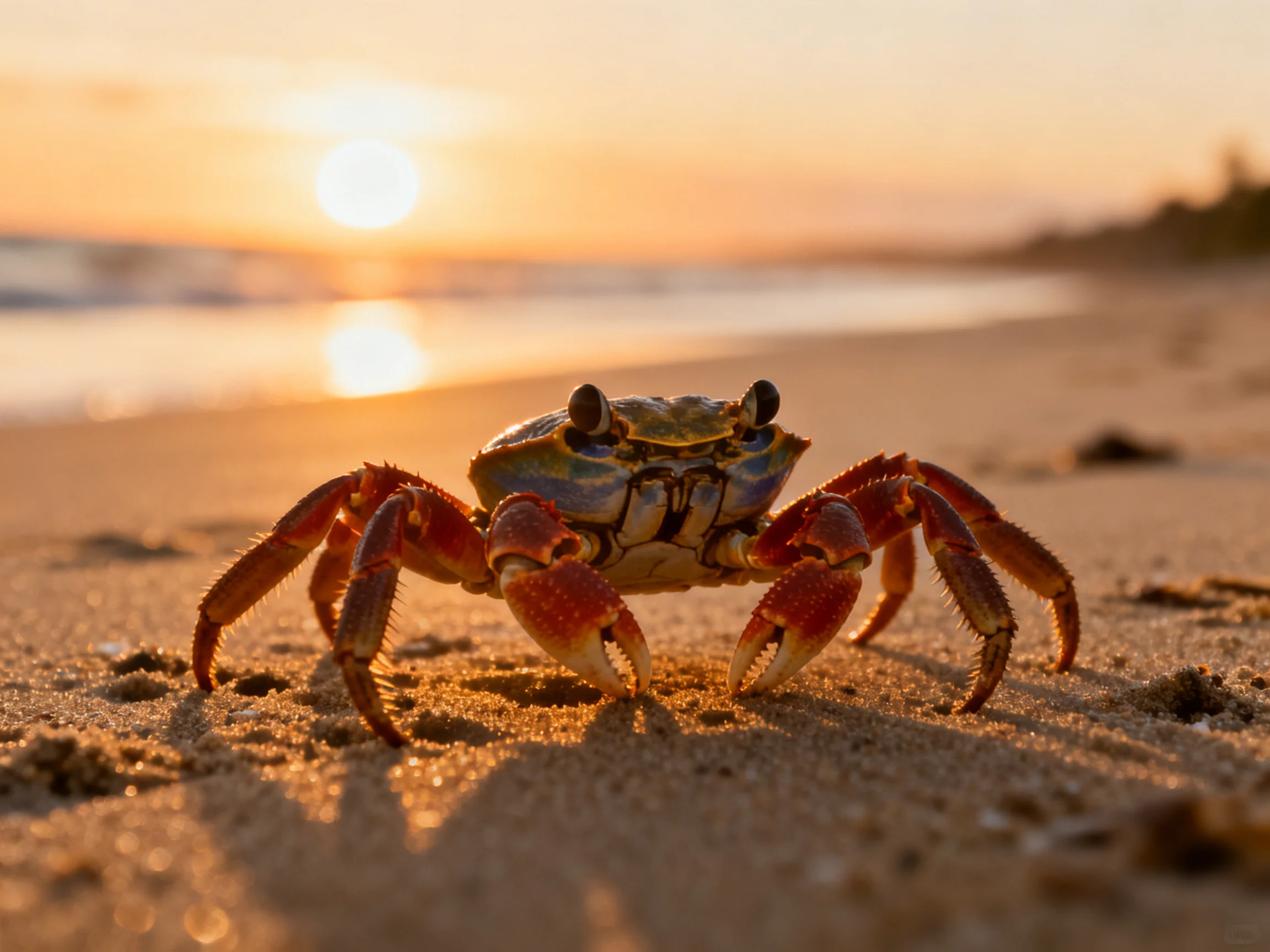 A vibrant crab on sandy beach during golden-hour sunset