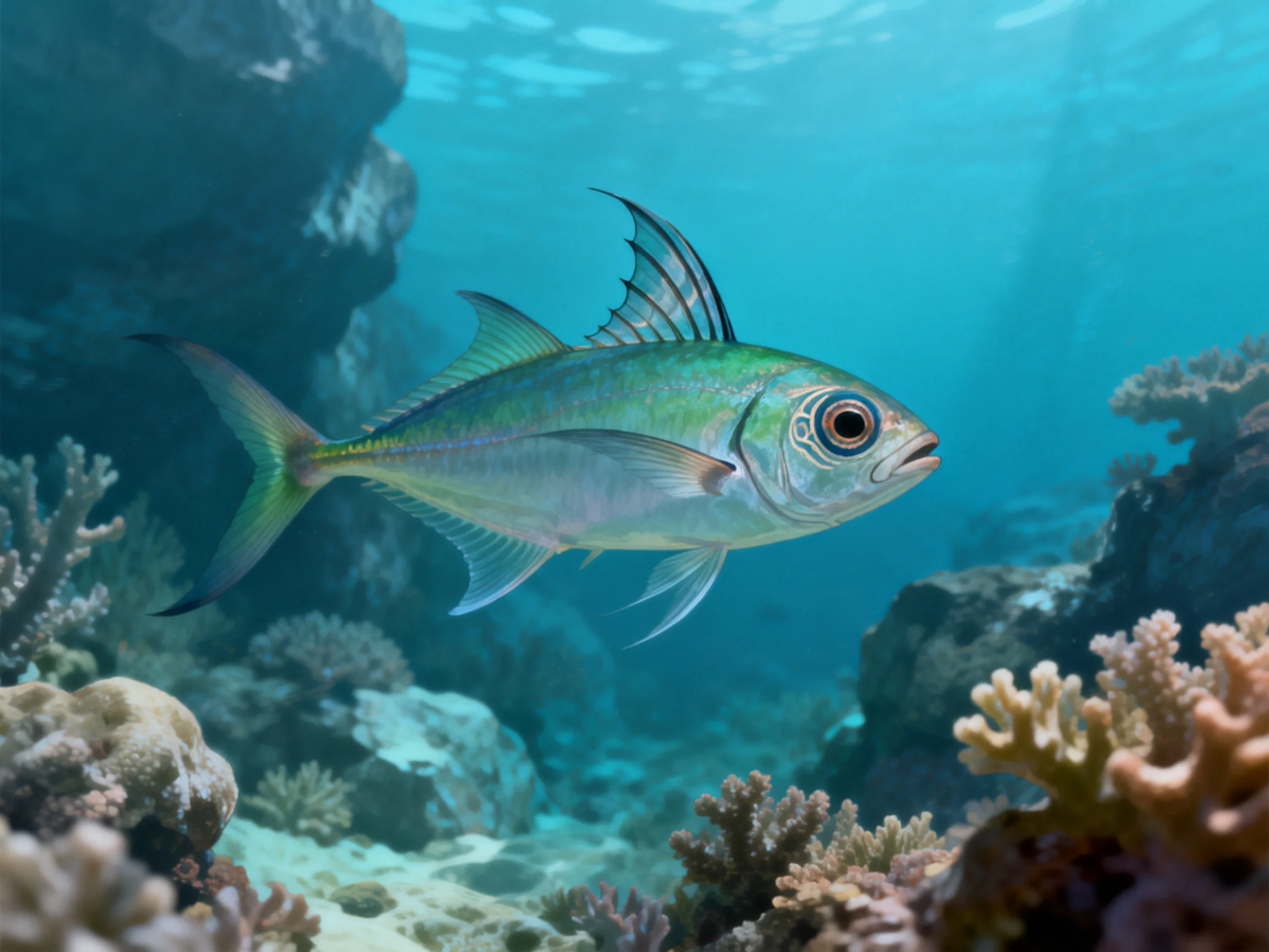 A vibrant green fish swims near colorful coral reefs underwater