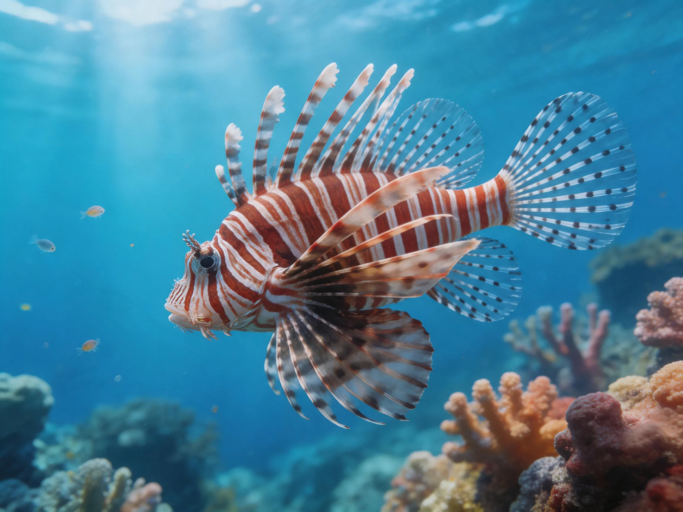 A vibrant lionfish swims among colorful coral formations underwater