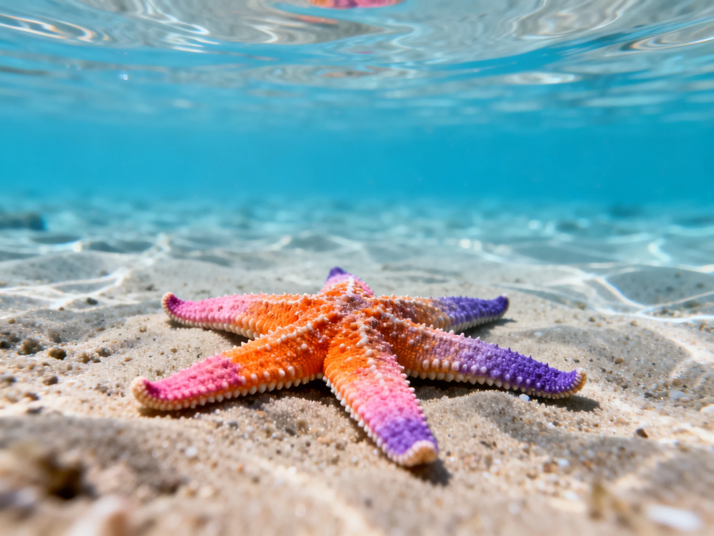 A vibrant multicolored starfish rests on a sandy ocean floor