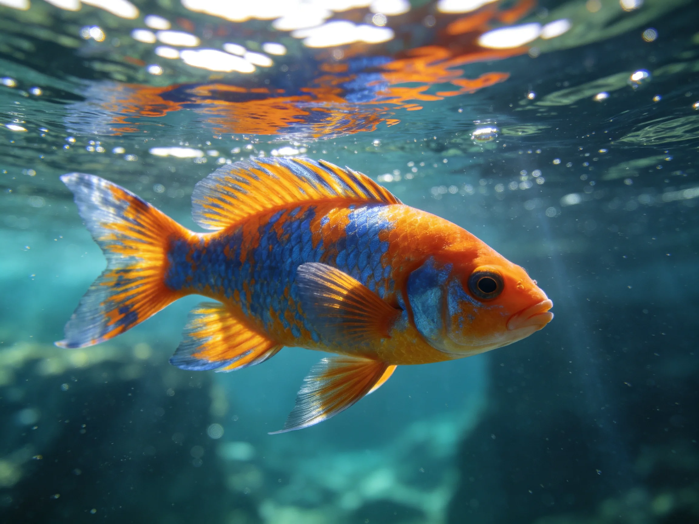 A vibrant orange and blue fish swims in clear water