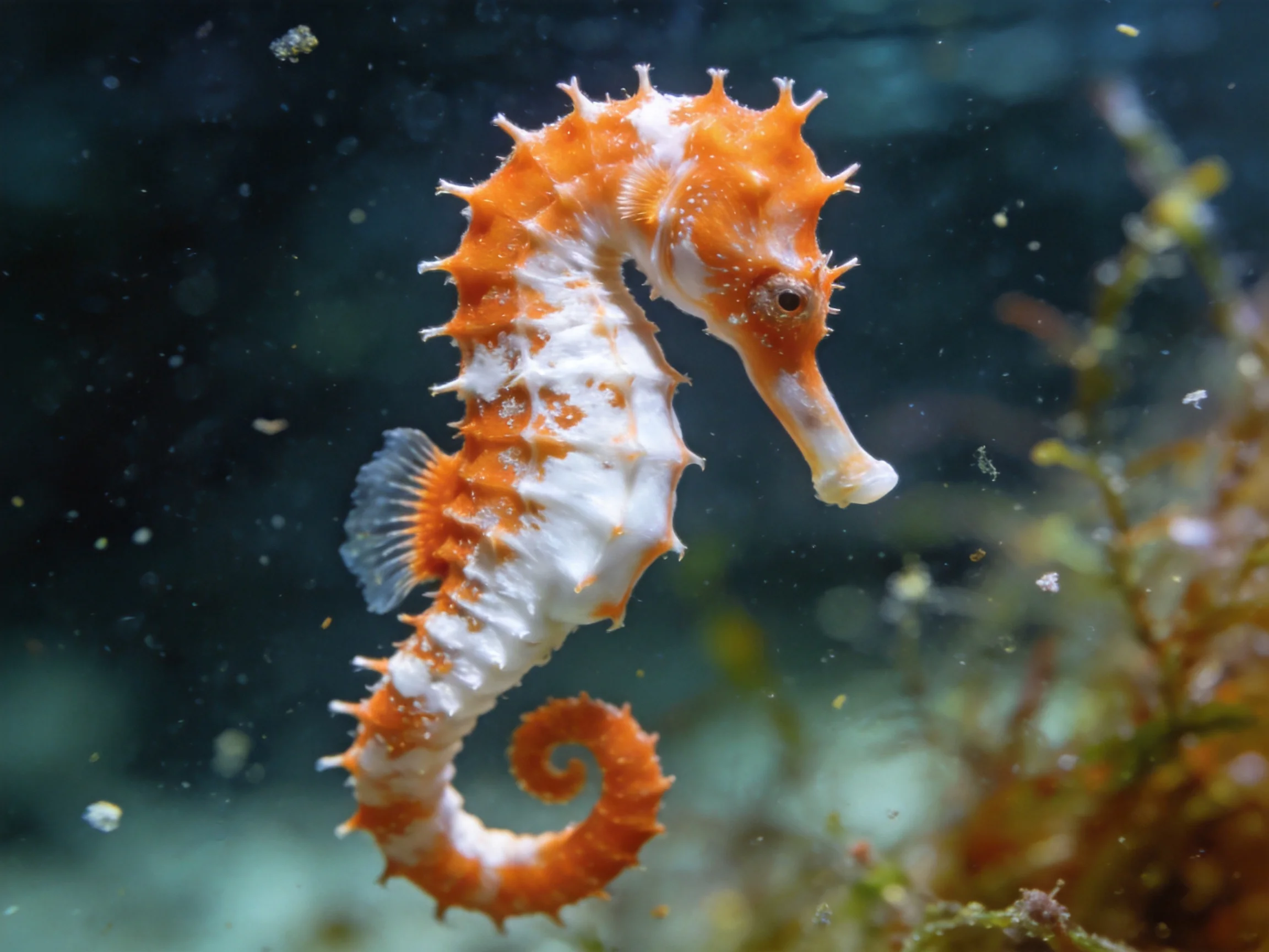 A vibrant orange and white seahorse swimming near aquatic plants