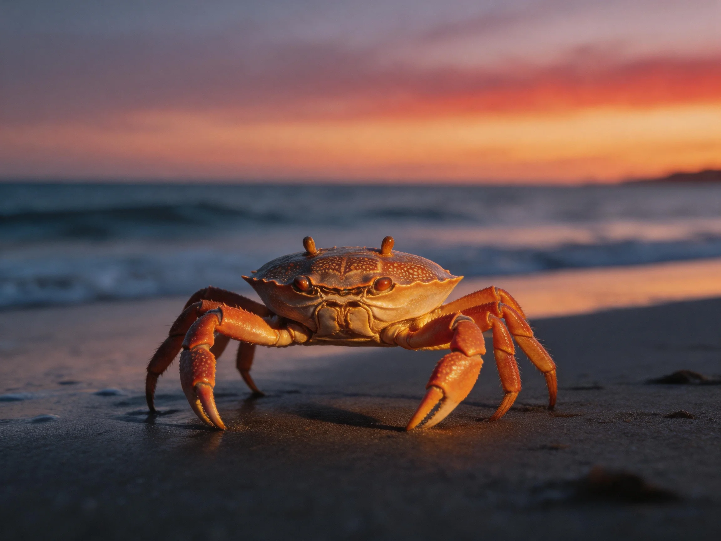 A vibrant orange crab on a sandy beach during a colorful sunset