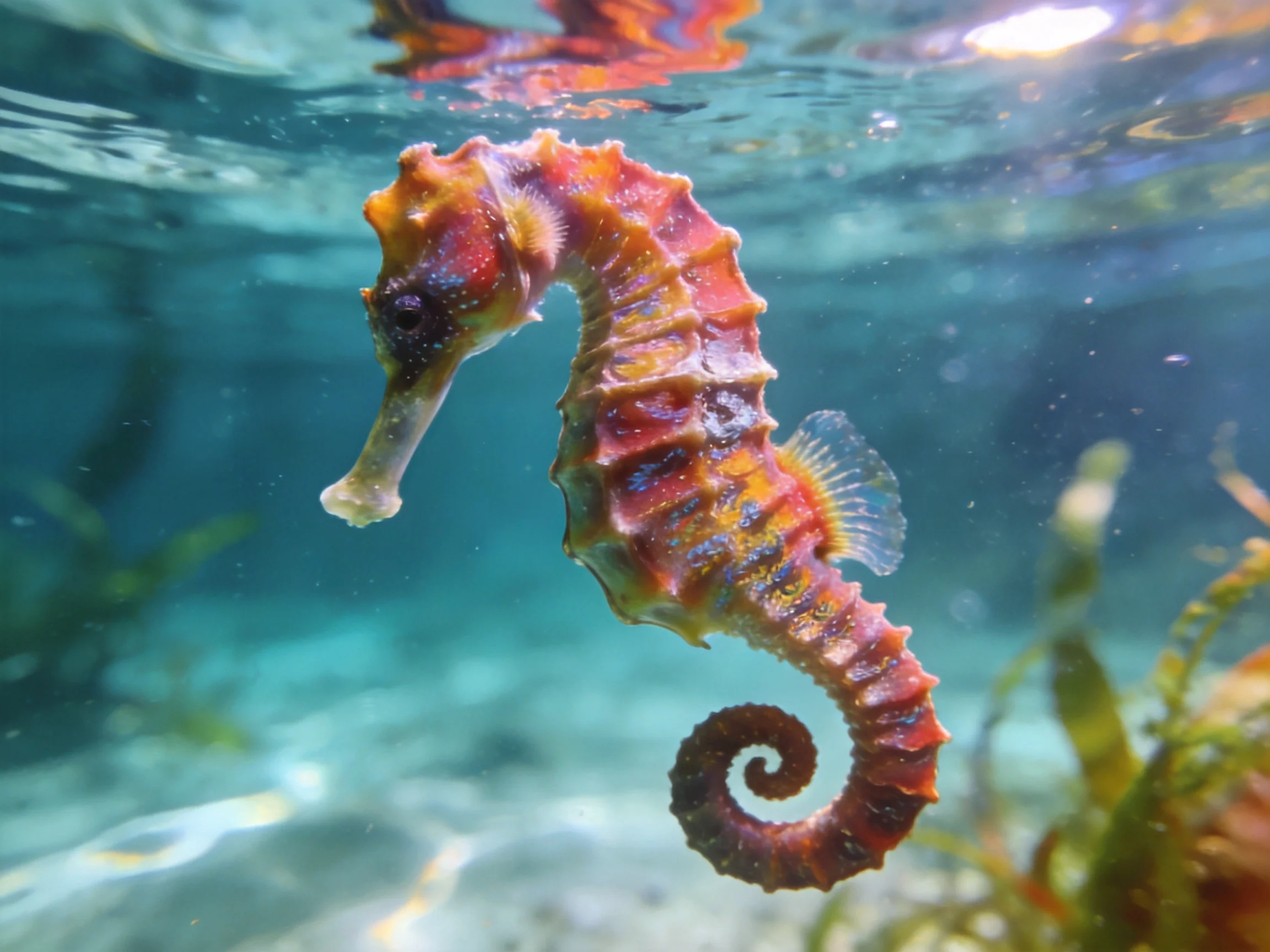 A vibrant orange-red seahorse swims in clear turquoise water