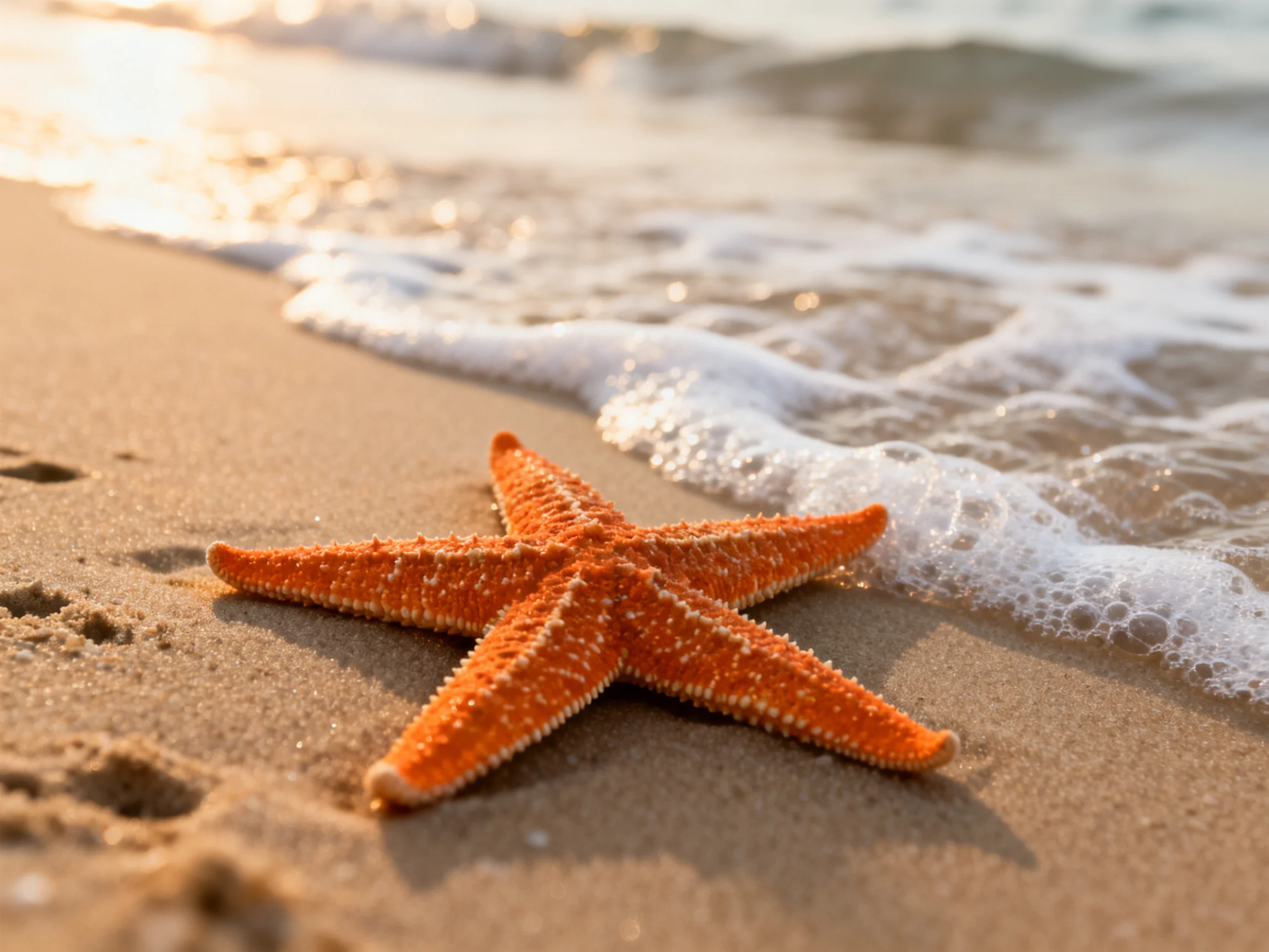 A vibrant orange starfish on golden sand by foamy ocean waves