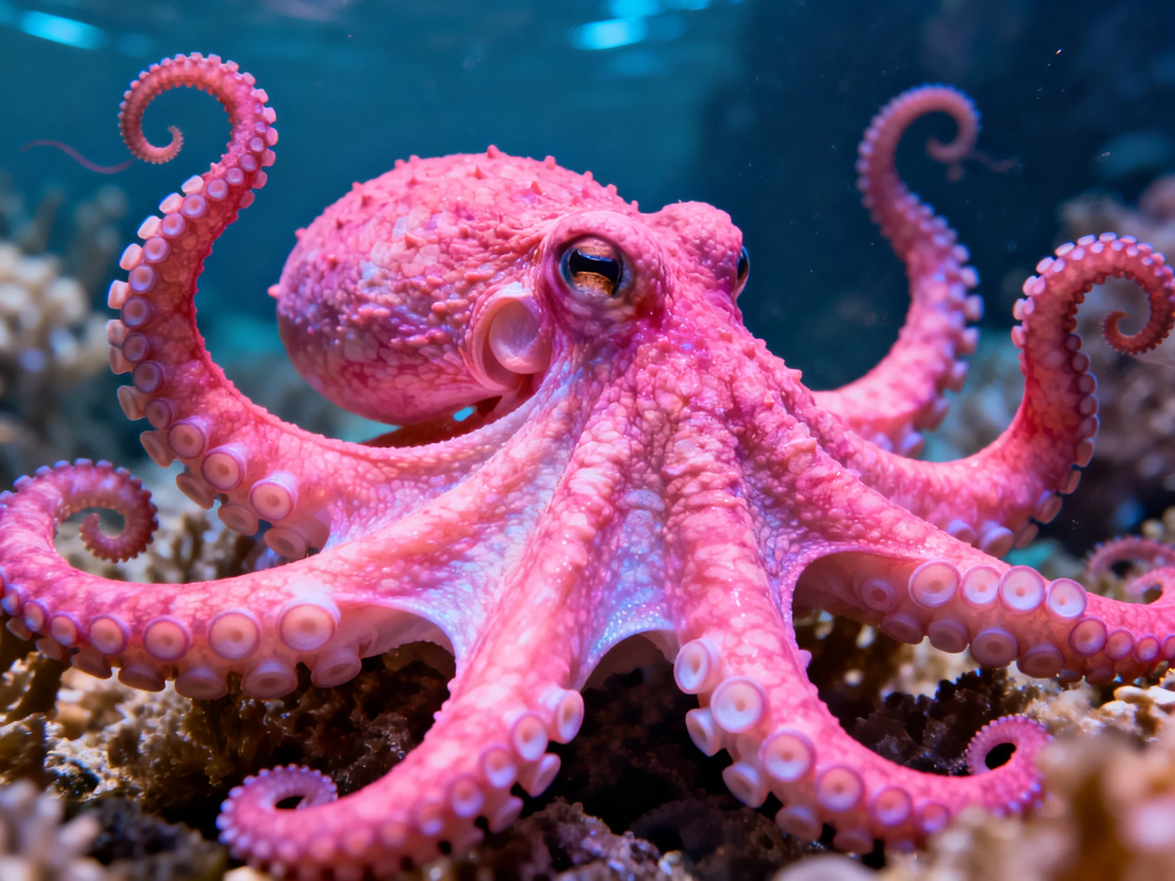 A vibrant pink octopus rests among colorful coral formations in an underwater setting.