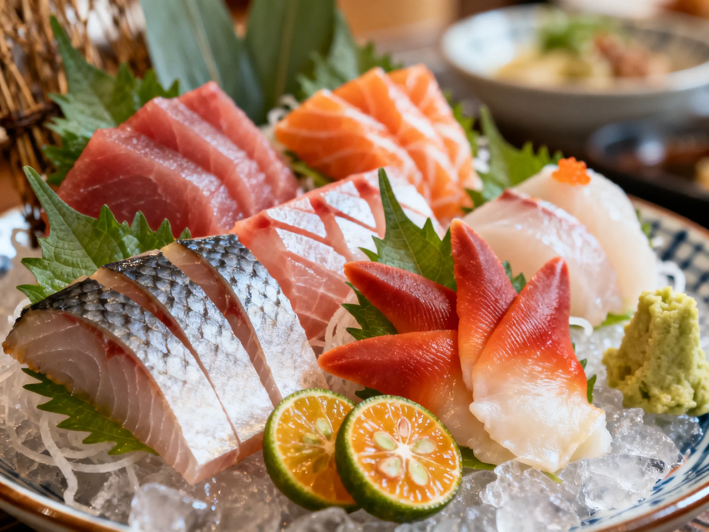 A vibrant platter of assorted sushi sashimi with citrus garnish