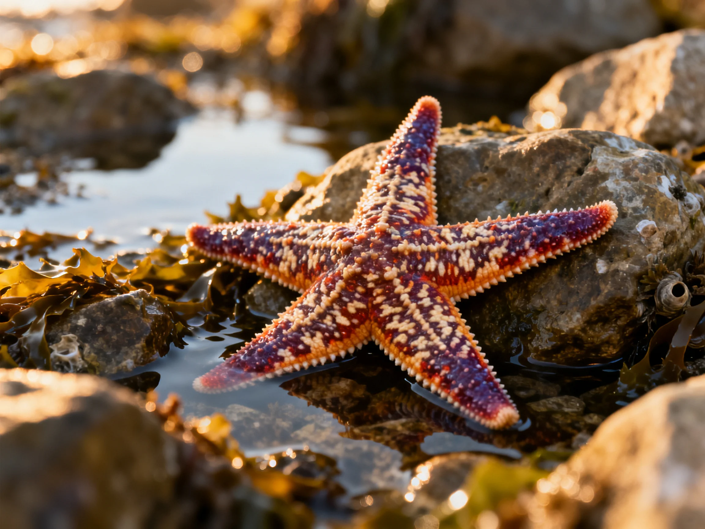 A vibrant purple and orange starfish rests on rocky tidal pool rocks