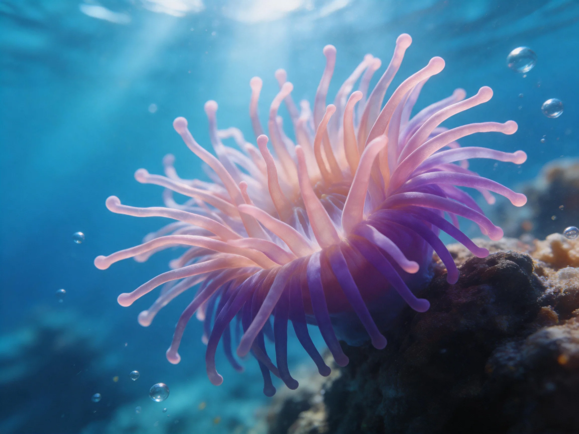 A vibrant purple and pink sea anemone on coral reef