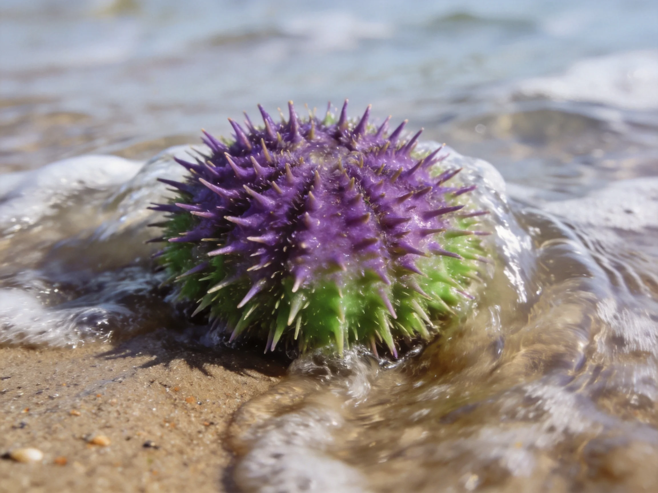 A vibrant purple-green sea urchin rests amid ocean waves on sandy shore