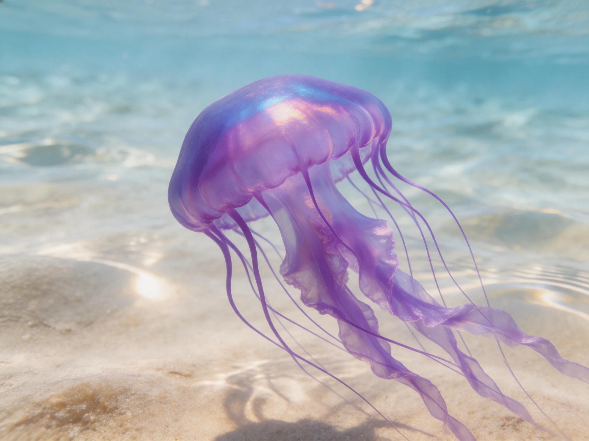 A vibrant purple jellyfish floats in shallow turquoise ocean waters