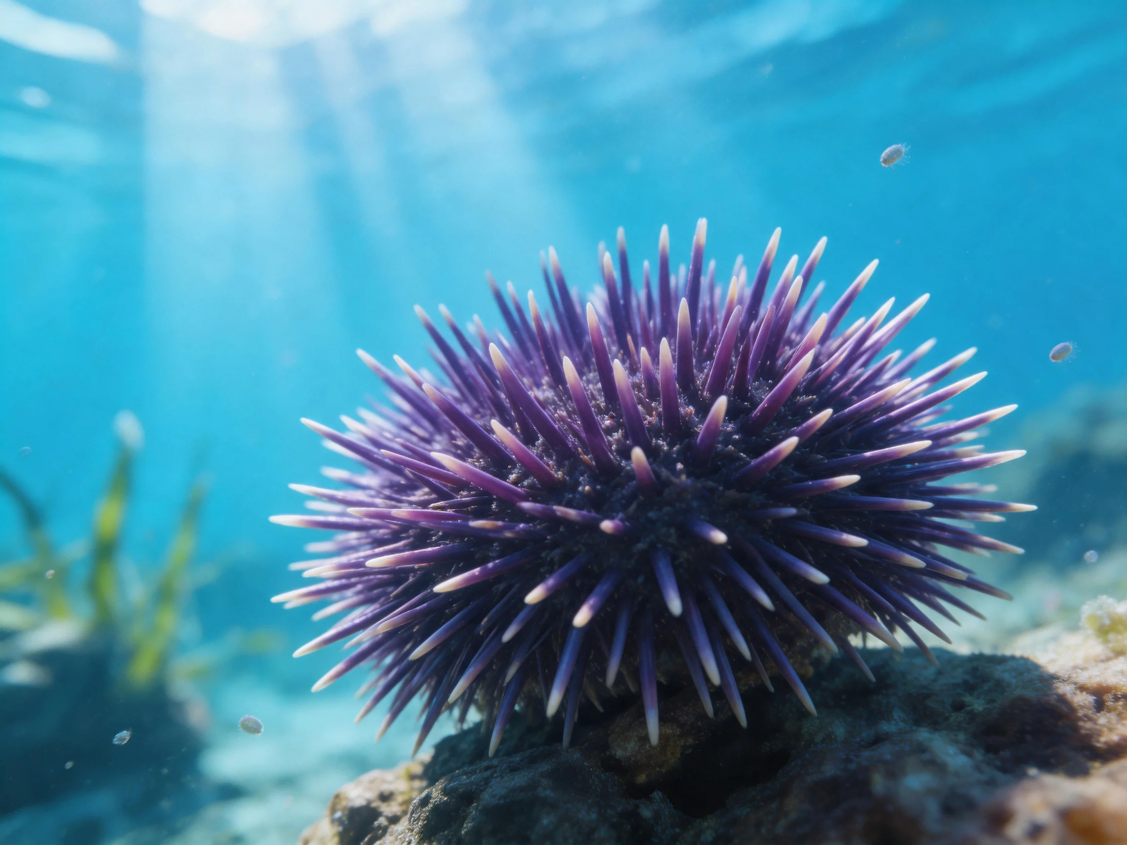 A vibrant purple sea urchin with long spines sits on a rocky seabed under bright sunlight