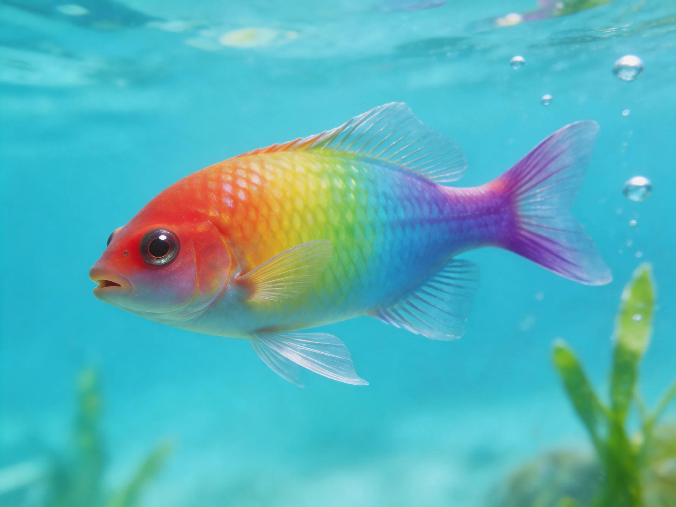 A vibrant rainbow-colored fish swims in clear turquoise water