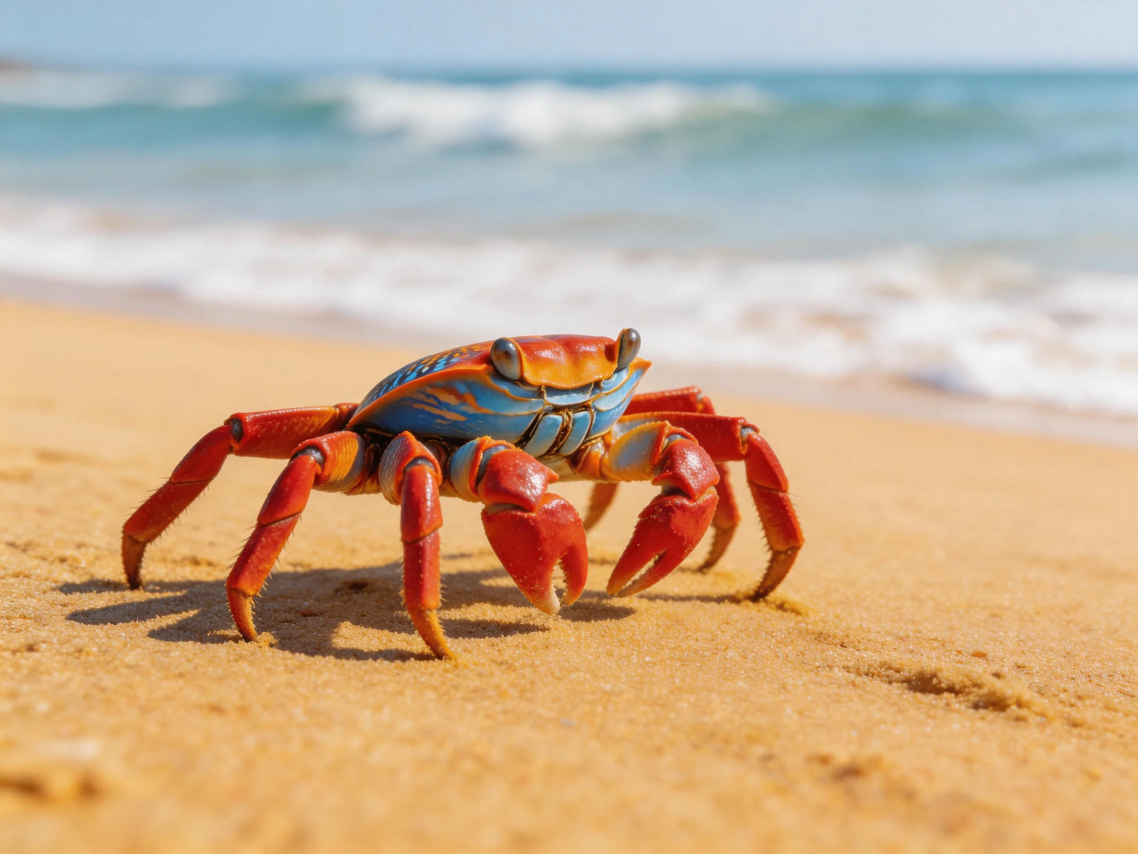 A vibrant red and blue crab on a golden sandy beach near turquoise waves