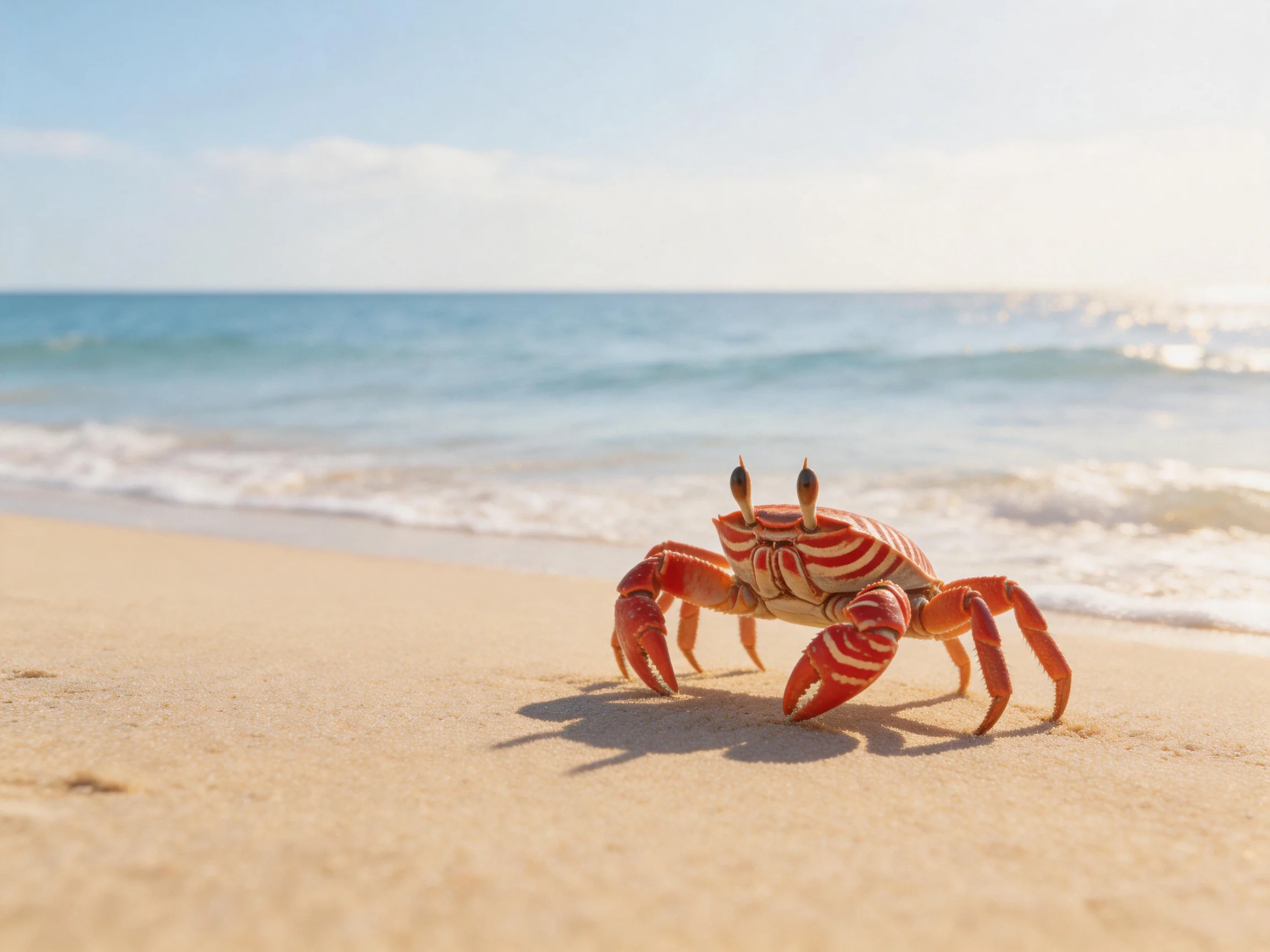 A vibrant red-and-white crab on a sunlit sandy beach by the ocean