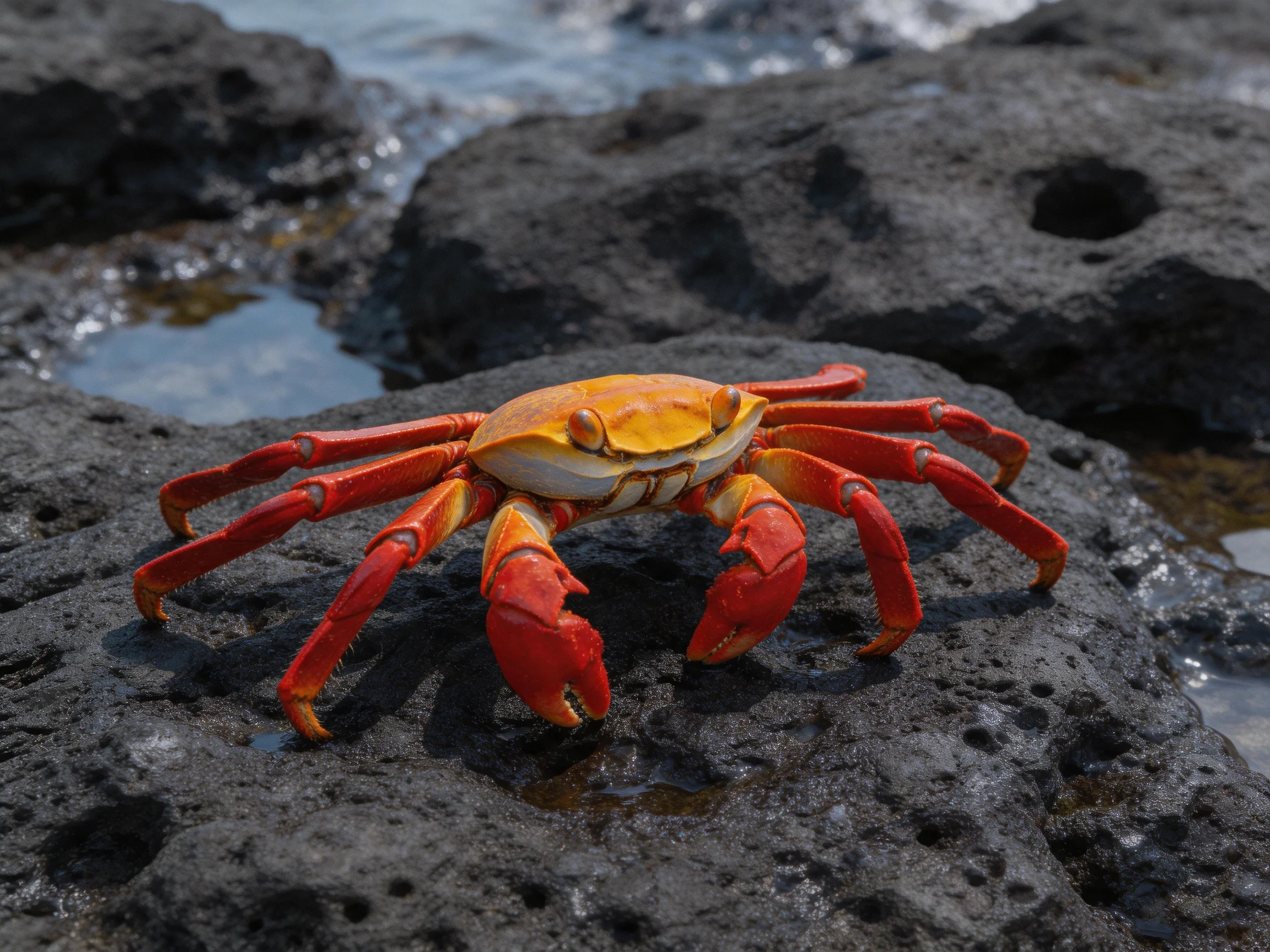 A vibrant red-and-yellow crab on dark volcanic rocks by the shore