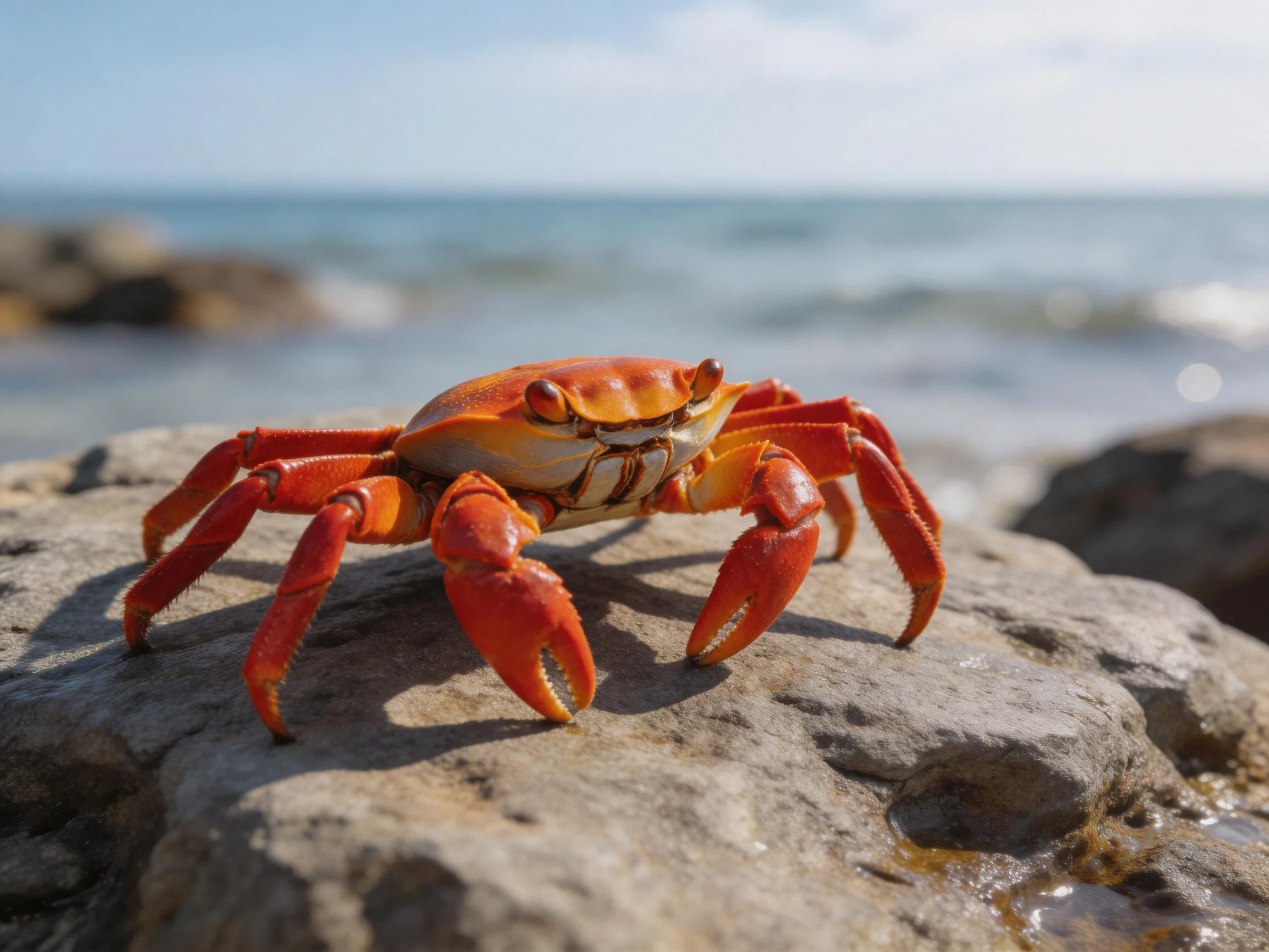 A vibrant red crab perched on a weathered coastal rock by the sea