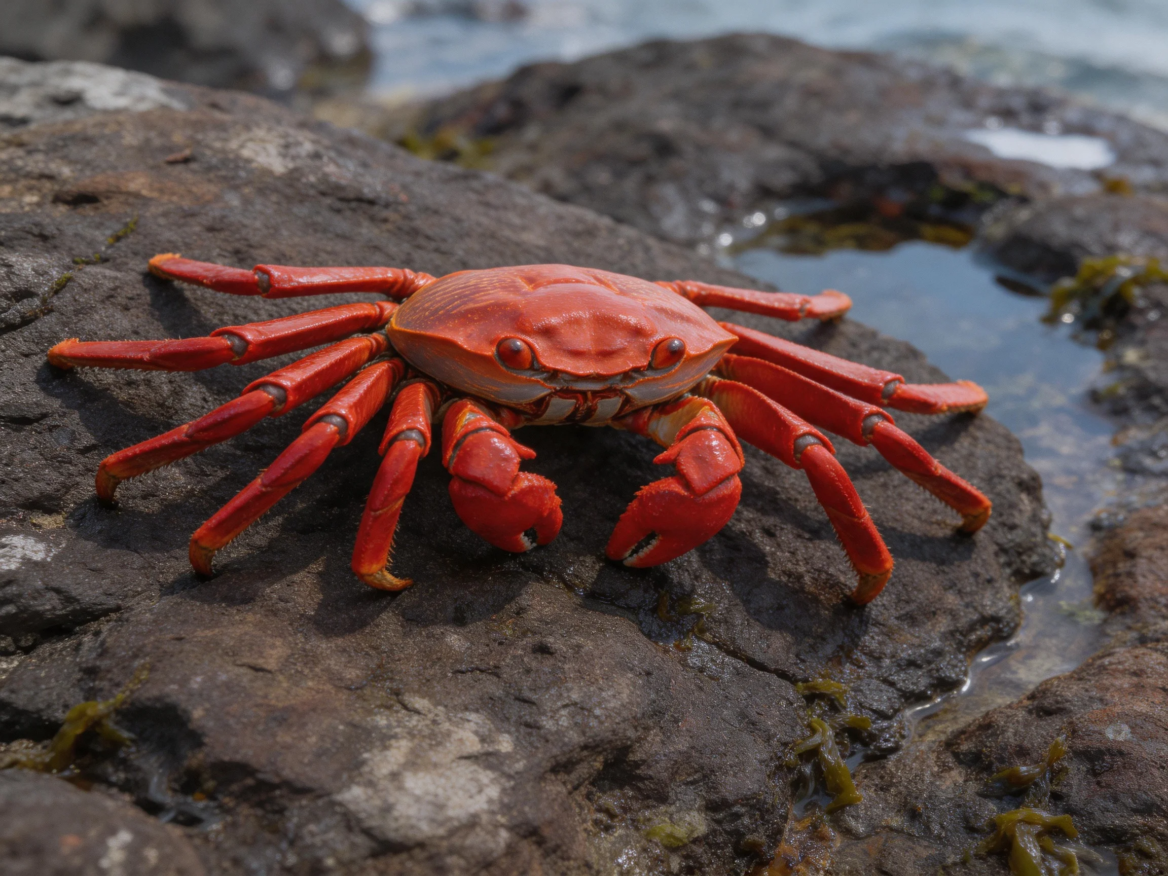 A vibrant red crab perched on wet, dark coastal rocks