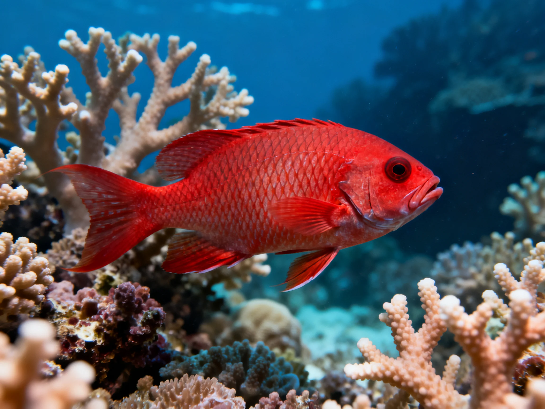 A vibrant red fish swims near colorful coral formations