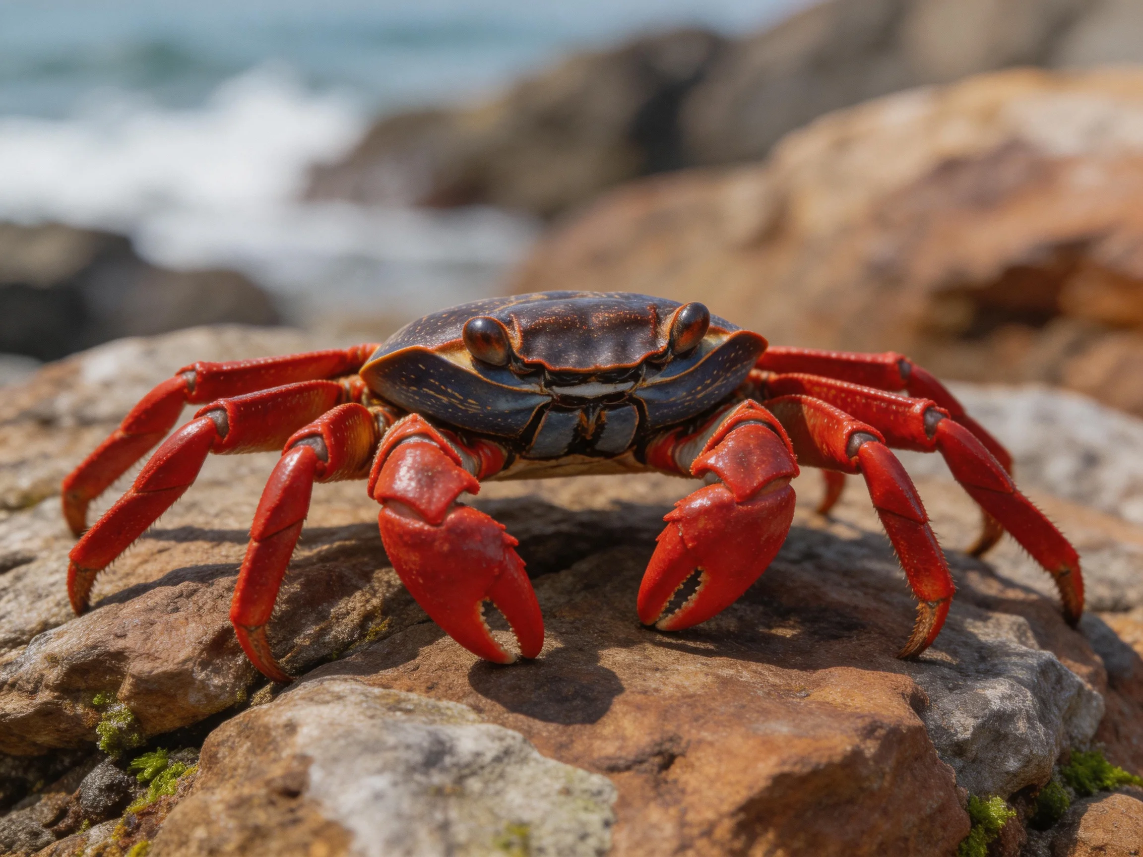 A vibrant red-legged crab perched on a textured coastal rock