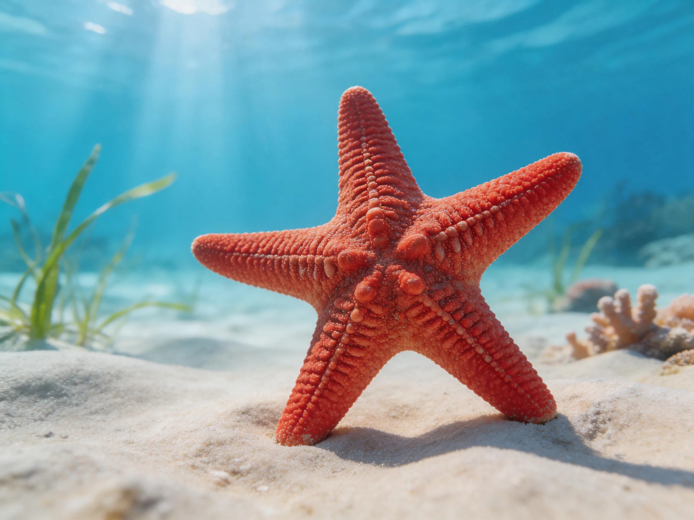 A vibrant red starfish rests on sandy ocean floor amid clear blue water