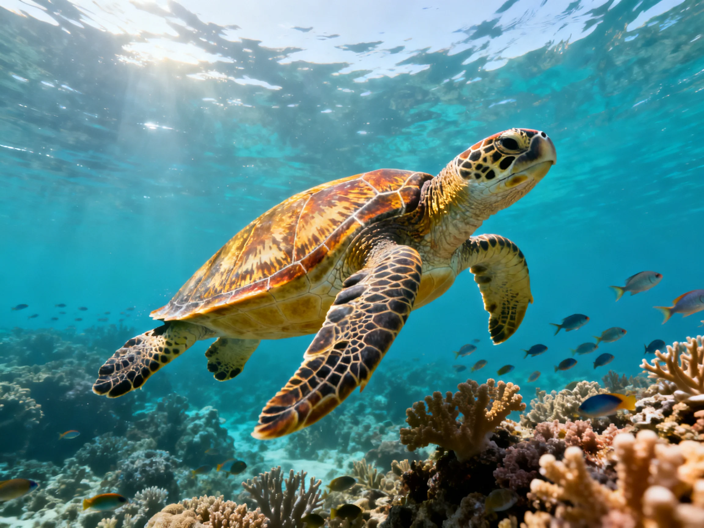 A vibrant sea turtle swims near colorful coral reefs