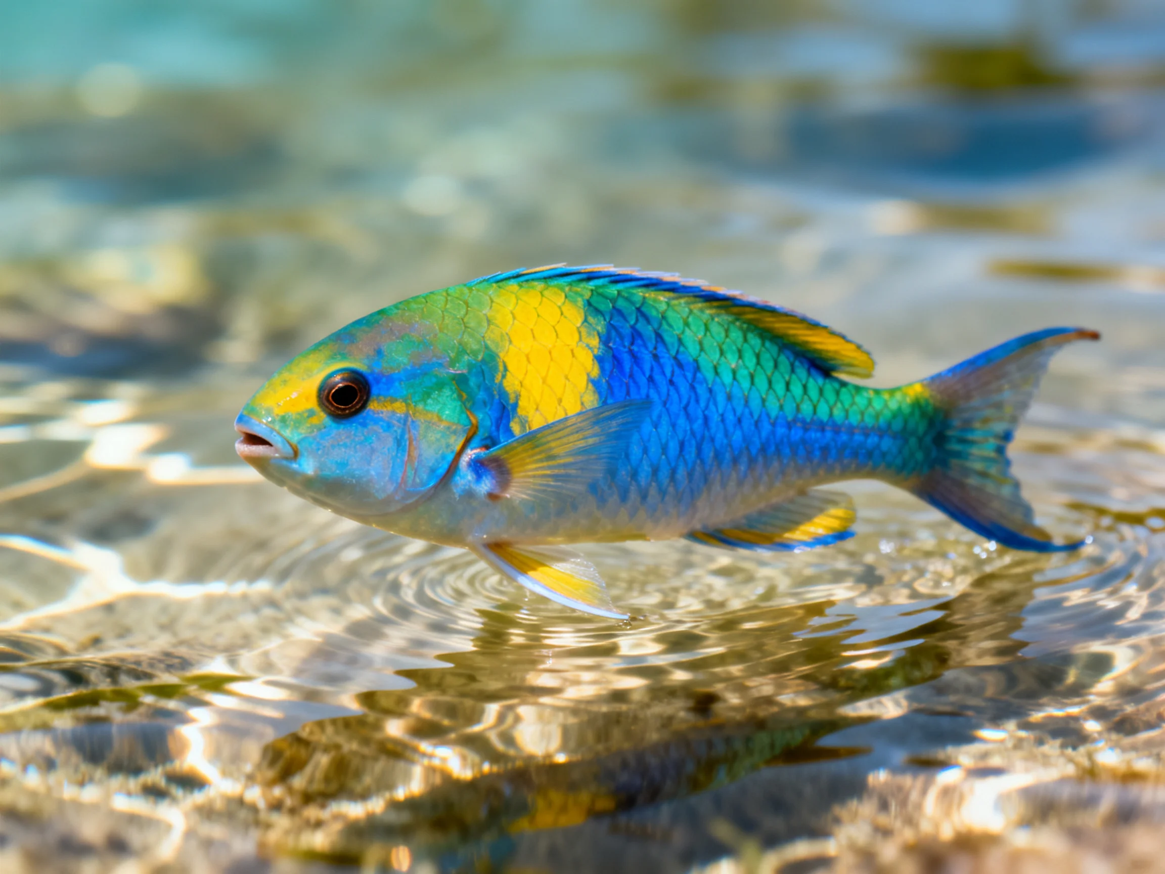 A vibrant tropical fish swims in clear shallow water