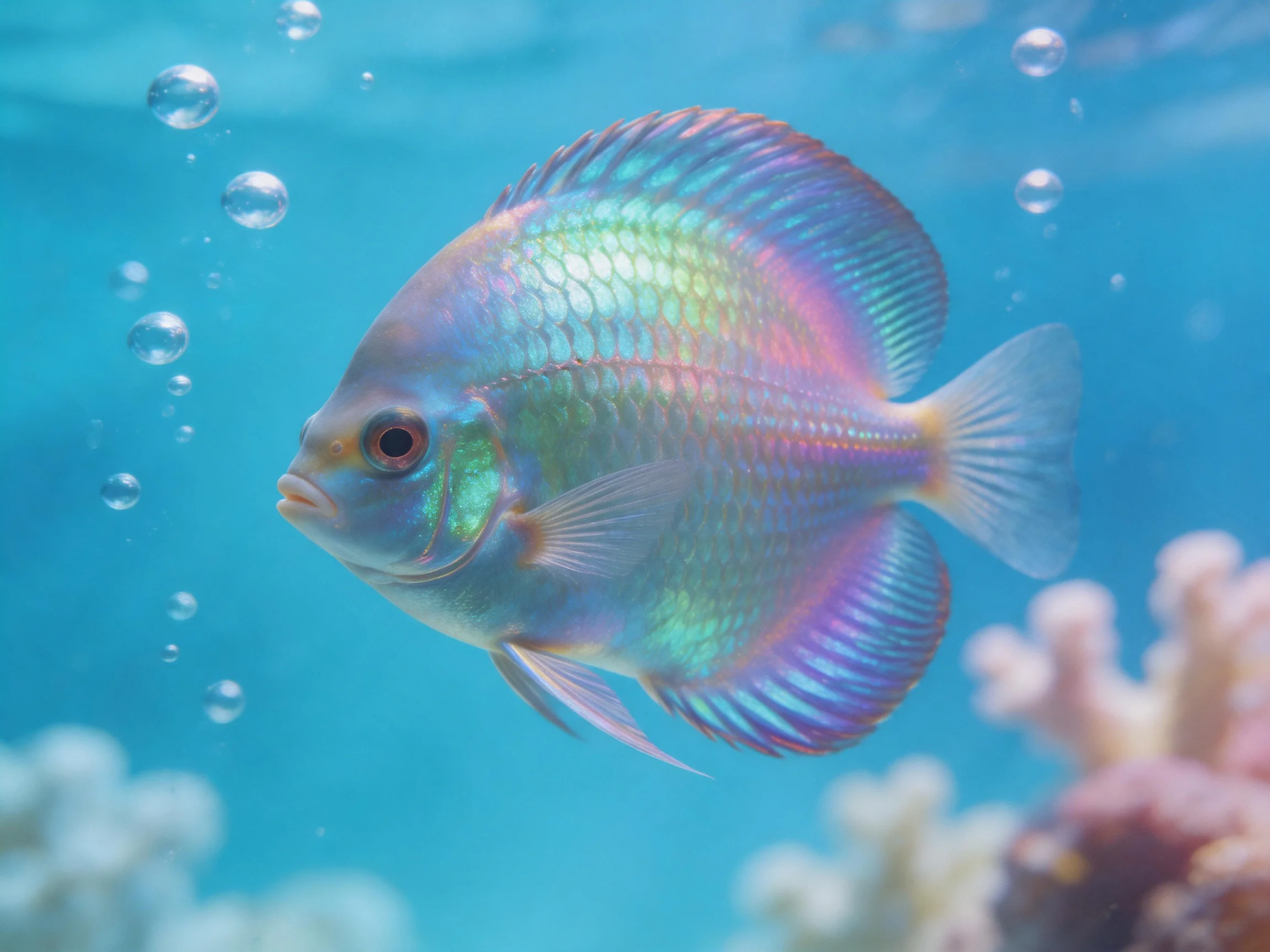 A vibrant tropical fish with iridescent blue-purple scales near coral