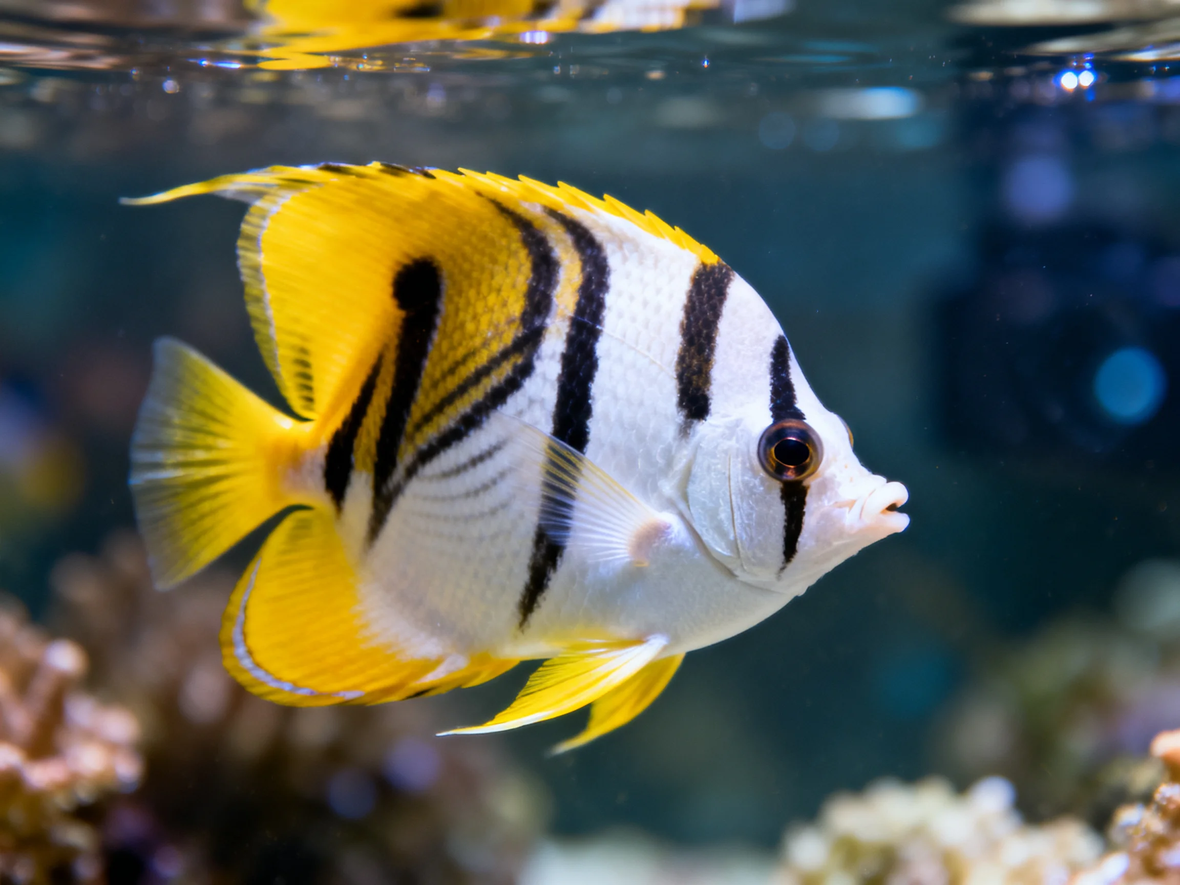 A vibrant tropical fish with yellow fins and bold black stripes