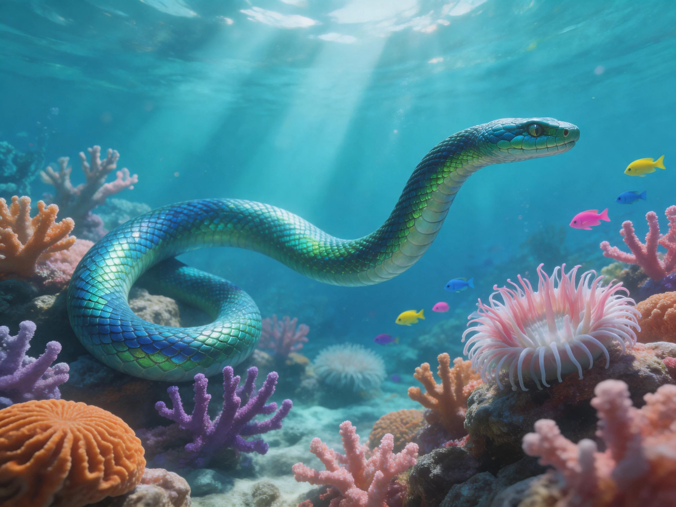 A vibrant underwater scene with a blue-green snake, colorful corals, and small fish