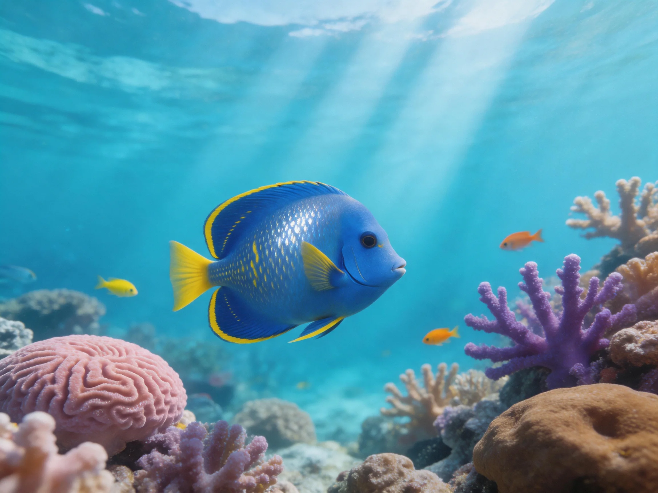 A vibrant underwater scene with a large blue fish and colorful corals