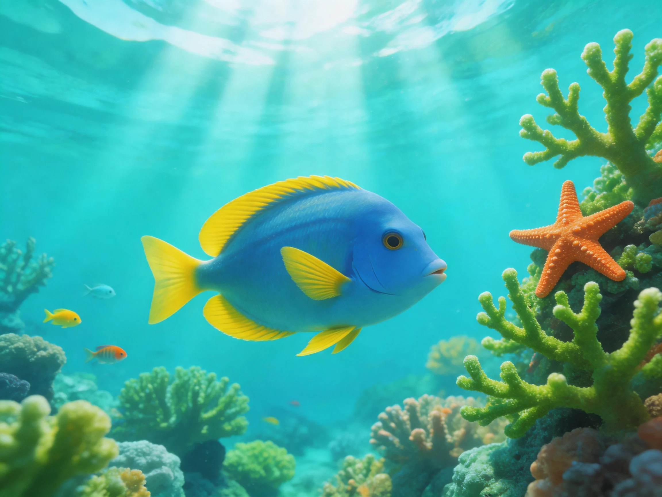 A vibrant underwater scene with a large blue-yellow fish, an orange starfish, and colorful corals