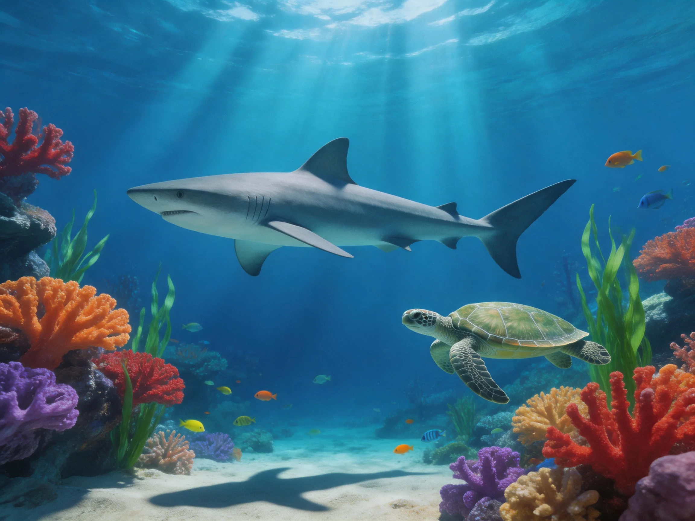 A vibrant underwater scene with a shark, turtle, colorful corals, and small fish