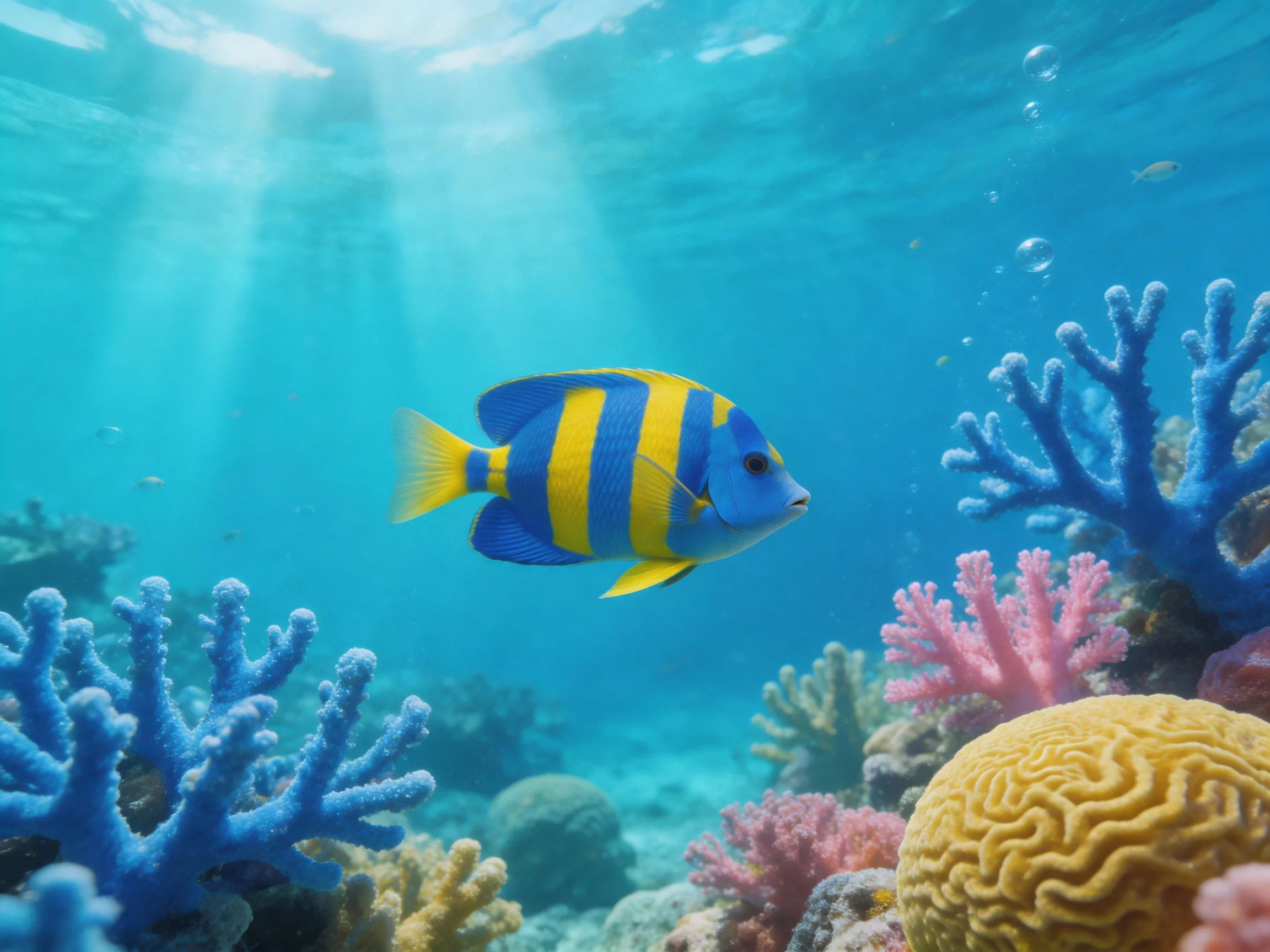 A vibrant underwater scene with blue - yellow striped fish and colorful corals