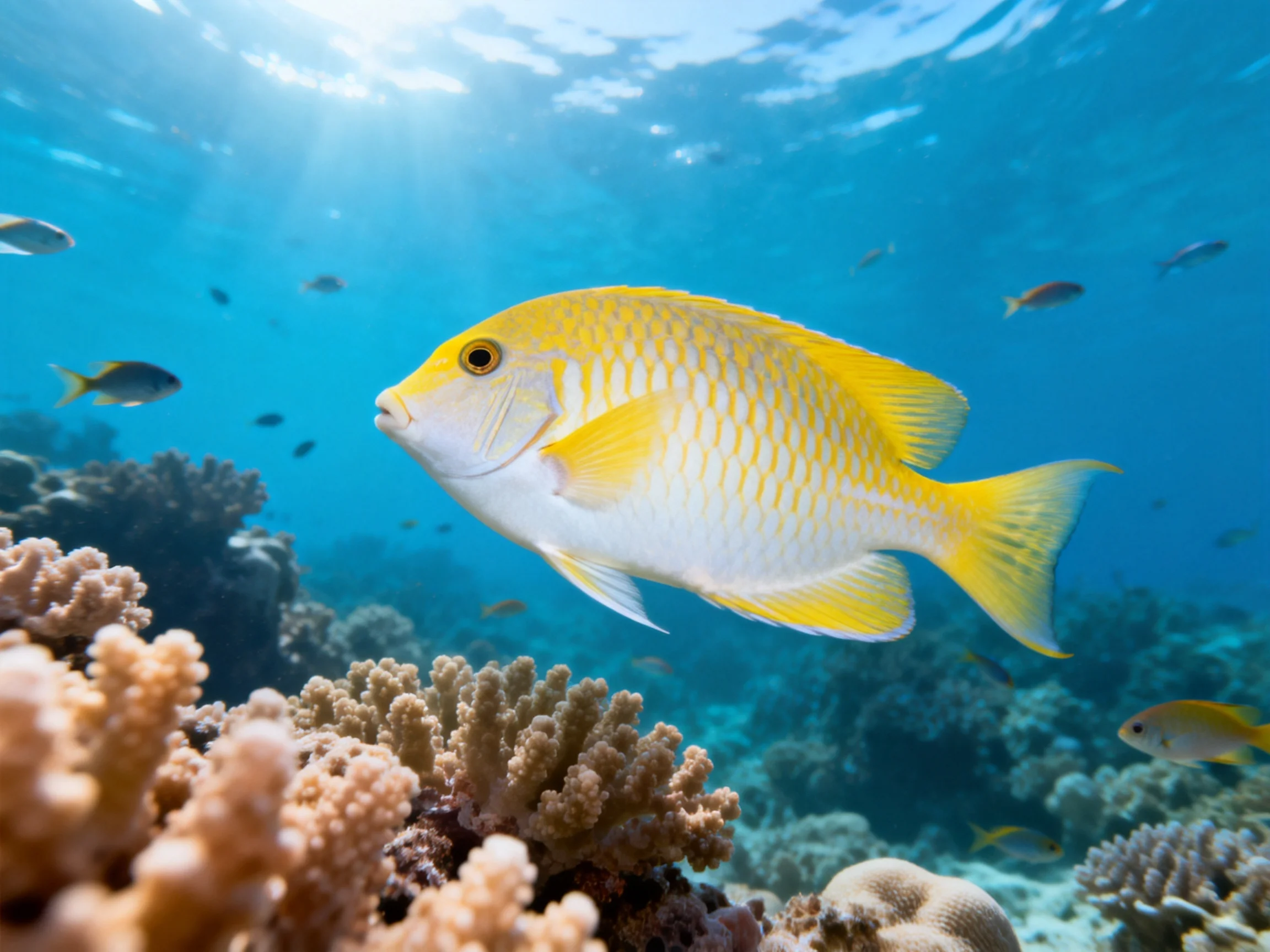 A vibrant yellow fish swims among colorful corals in clear blue water