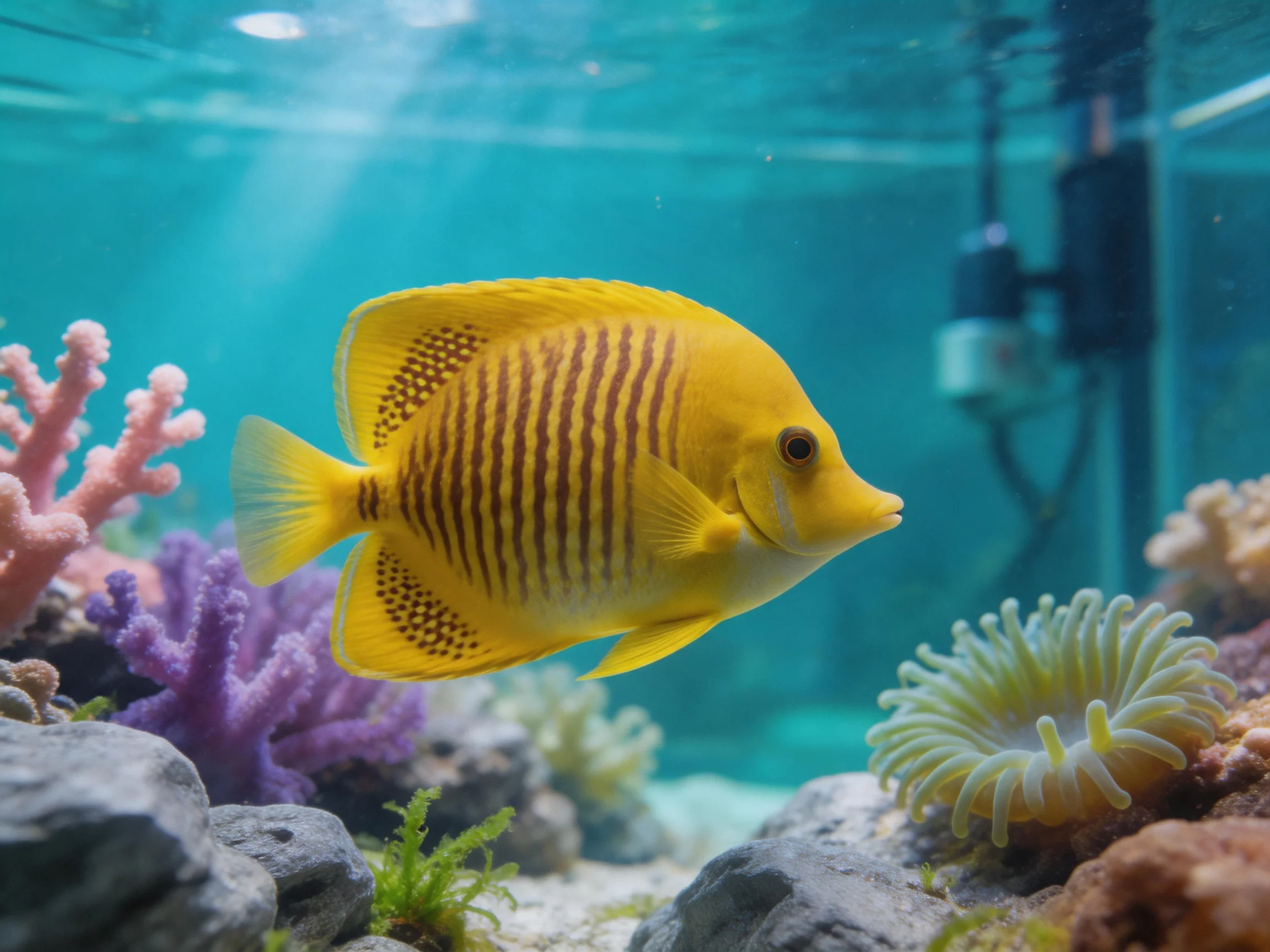 A vibrant yellow tropical fish swims among colorful corals in an aquarium