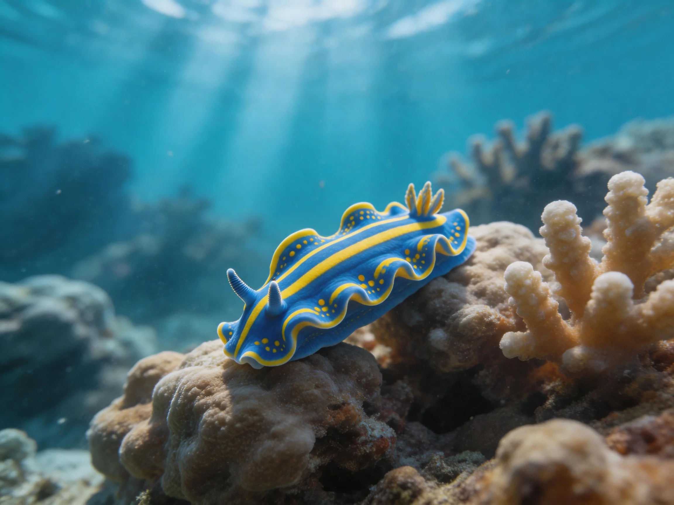 A vibrantly colored blue and yellow nudibranch on coral in an underwater setting