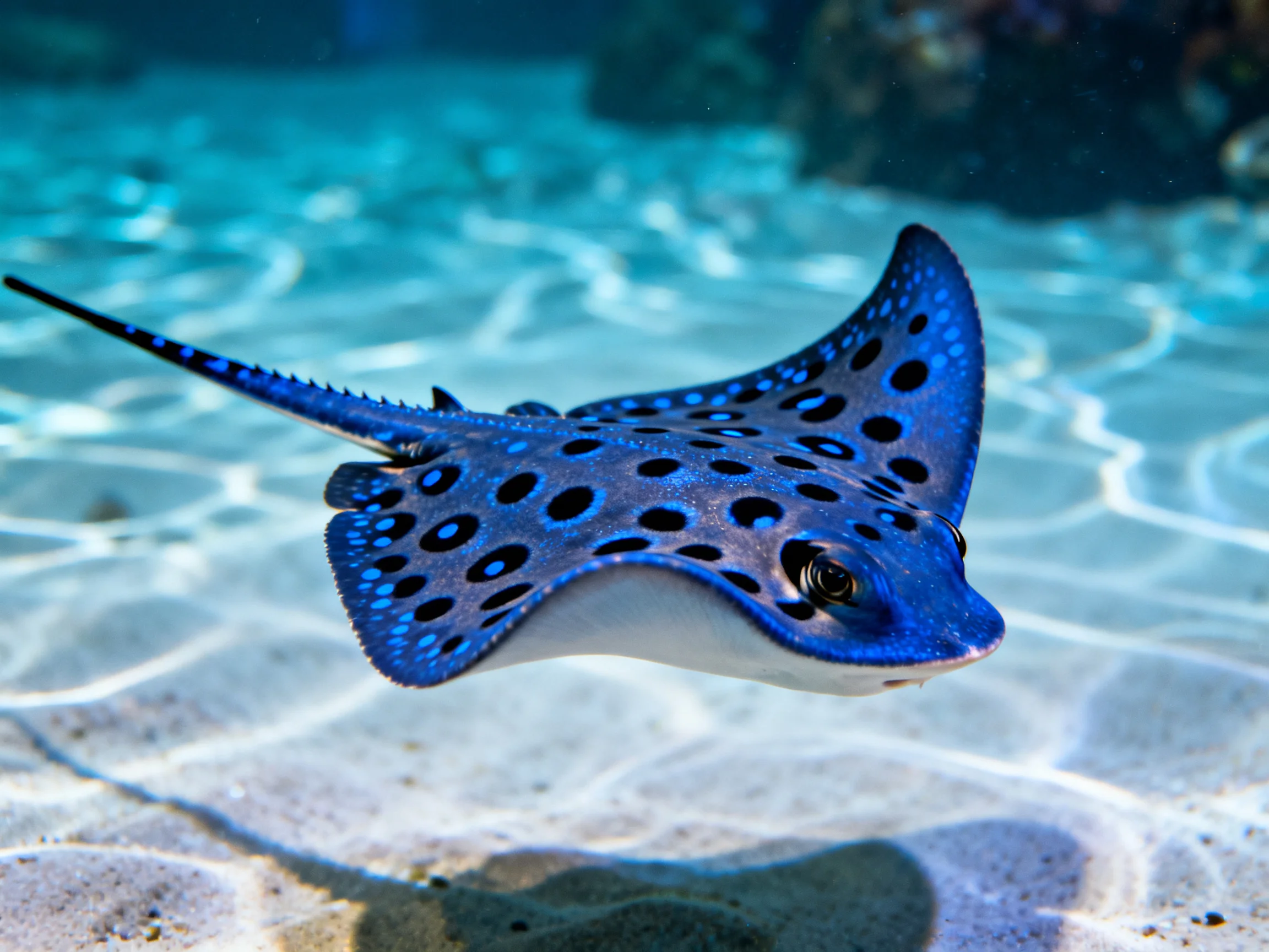A vibrantly colored blue spotted ray swims gracefully underwater