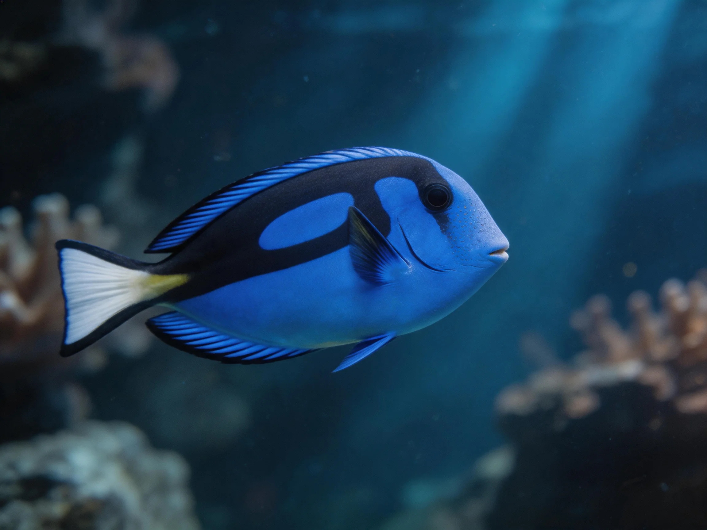 A vibrantly colored blue tropical fish swims near coral reefs