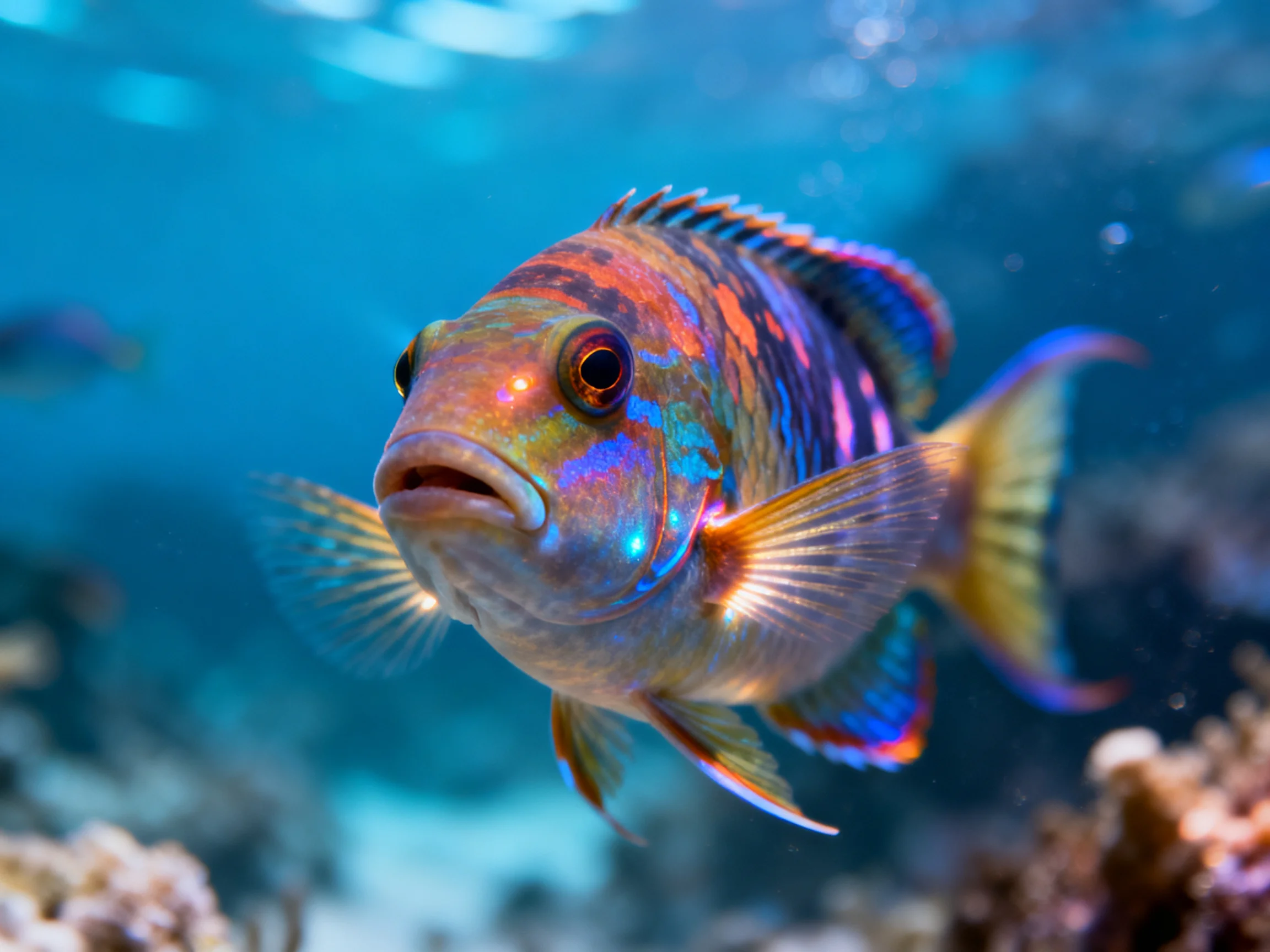 A vibrantly colored fish swims near coral reefs in clear blue water