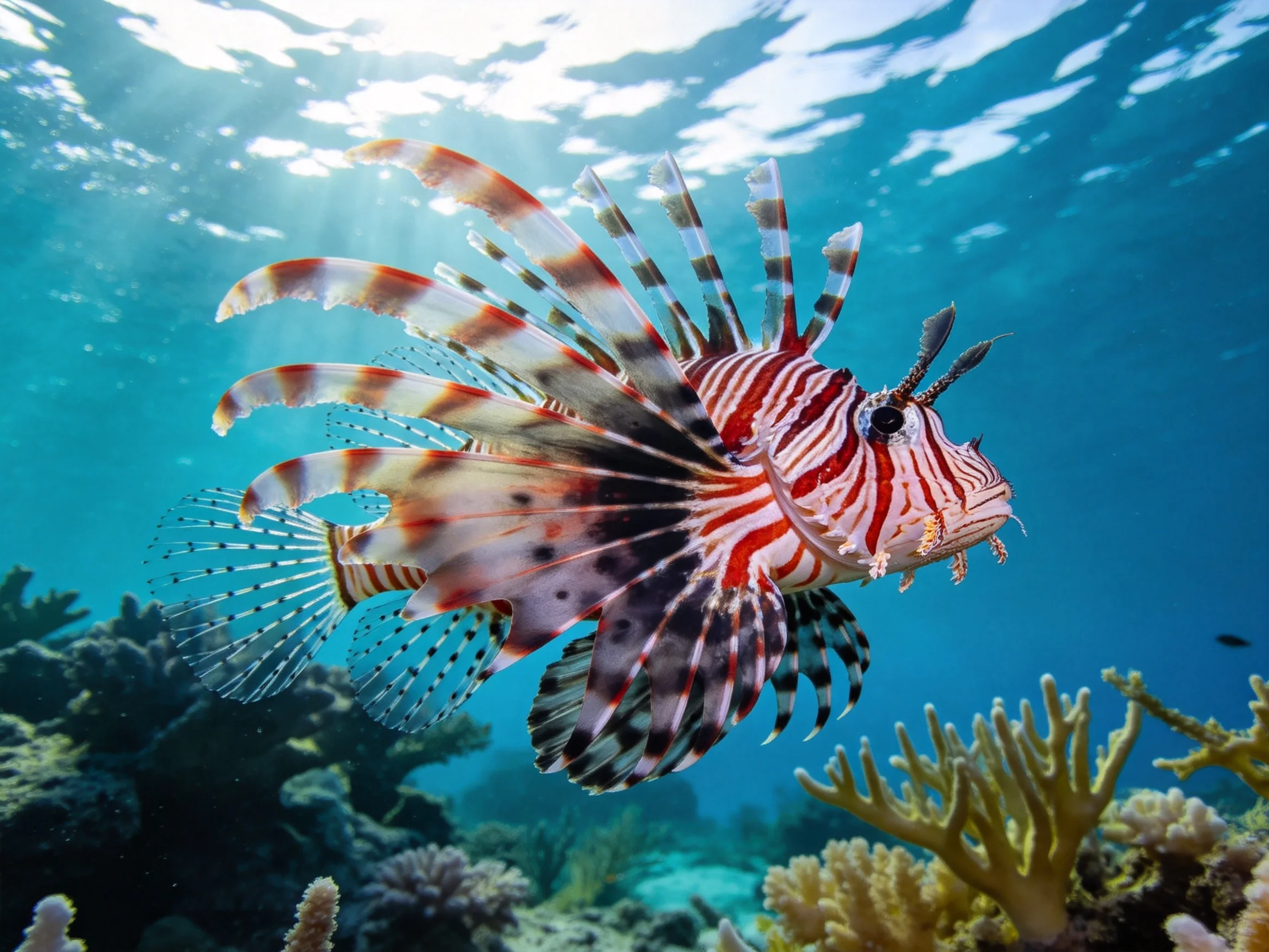 A vibrantly colored lionfish swims near coral reefs in clear blue water