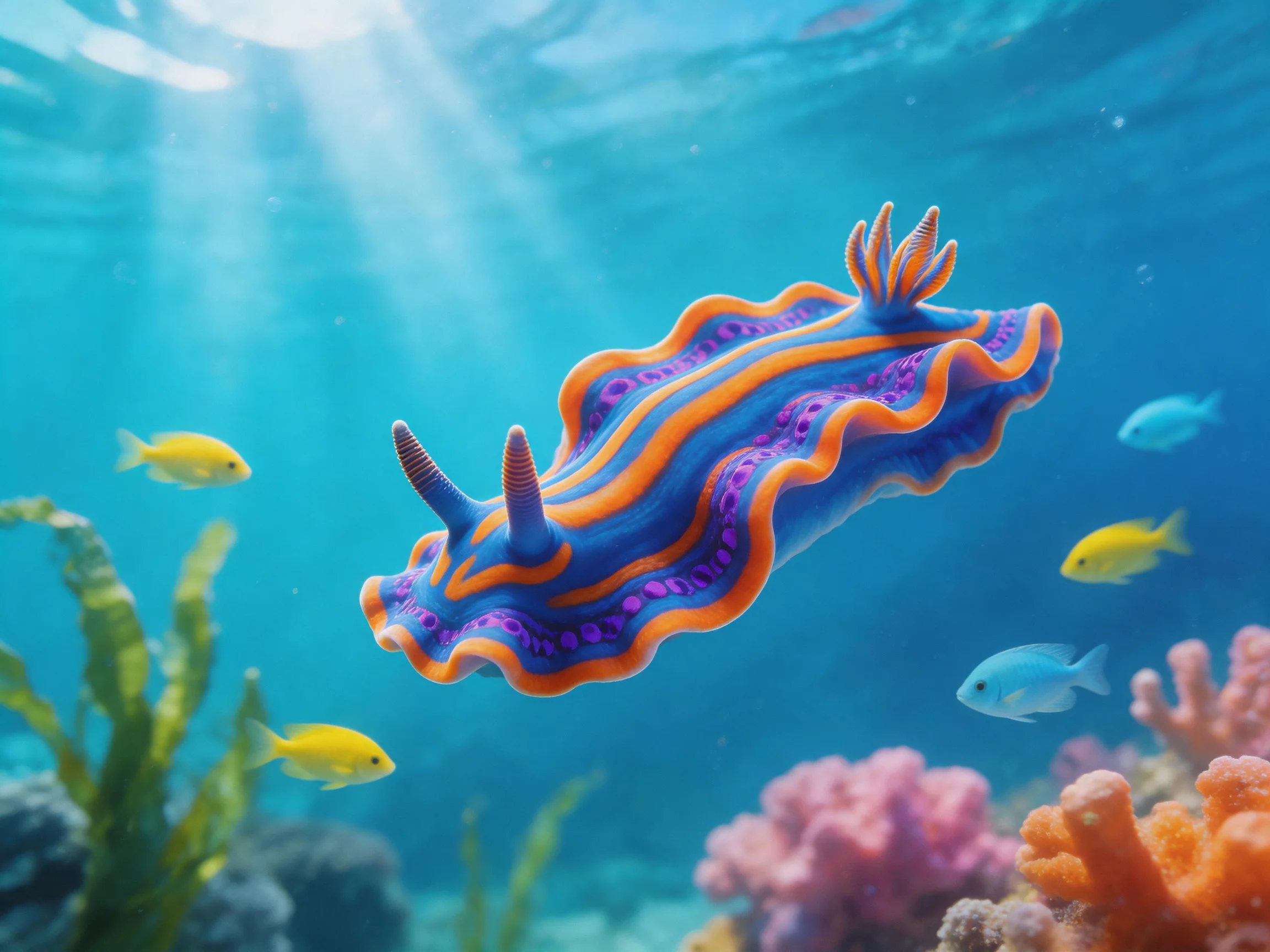 A vibrantly colored nudibranch swims among yellow fish and colorful corals